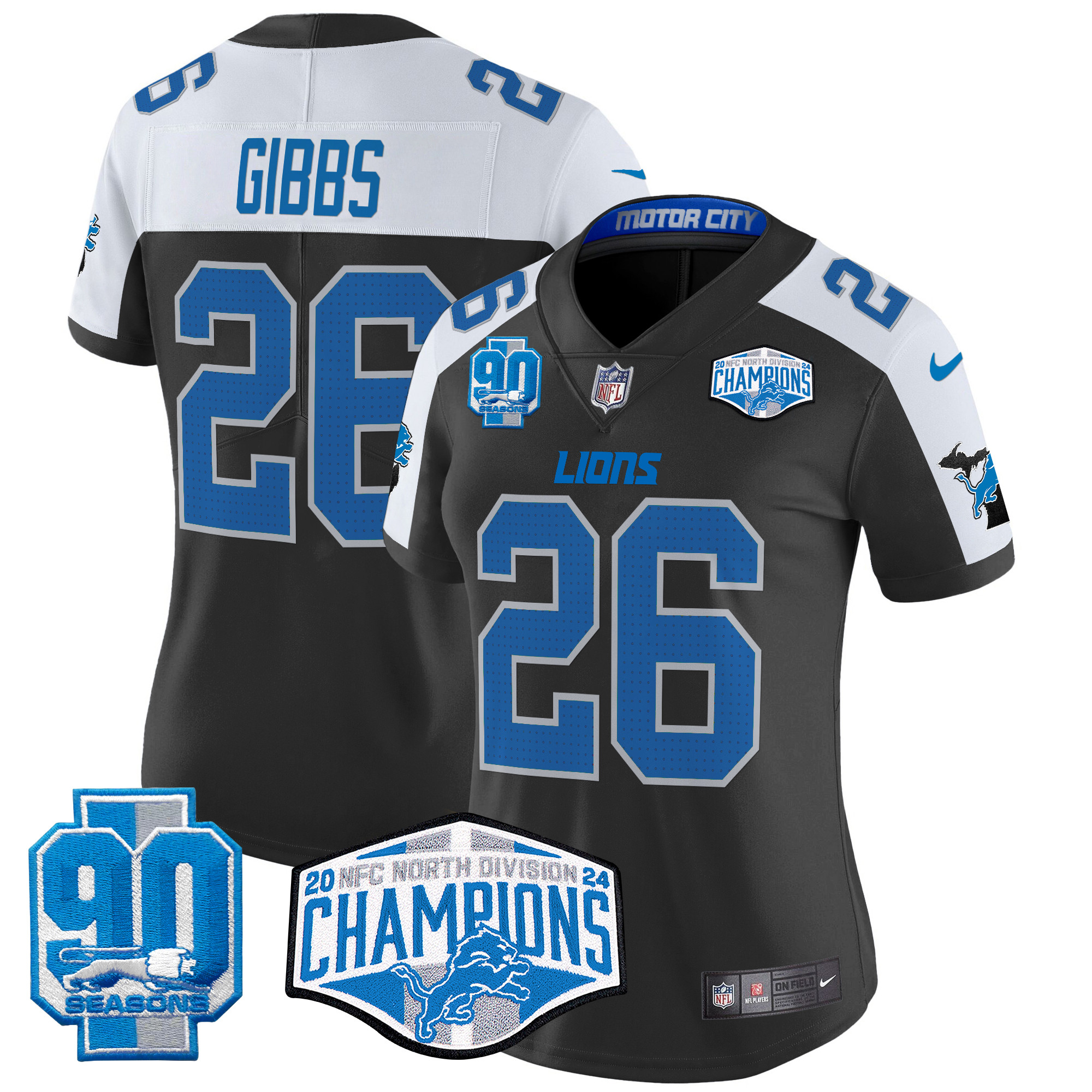 Women's Jahmyr Gibbs Detroit Lions 2024 NFC North Division Champions Patch Vapor Limited Black Alternate Jersey - All Stitched