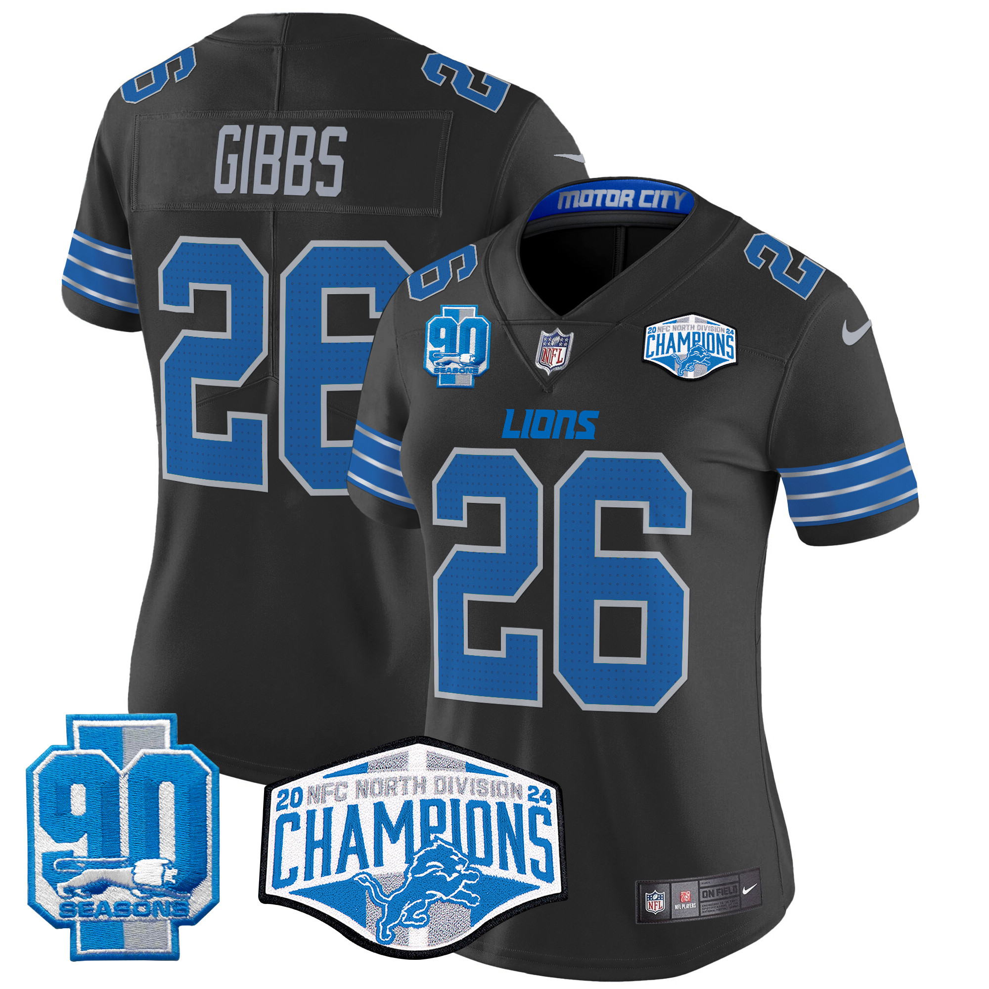 Women's Jahmyr Gibbs Detroit Lions 2024 NFC North Division Champions Patch Vapor Limited Black Jersey - All Stitched