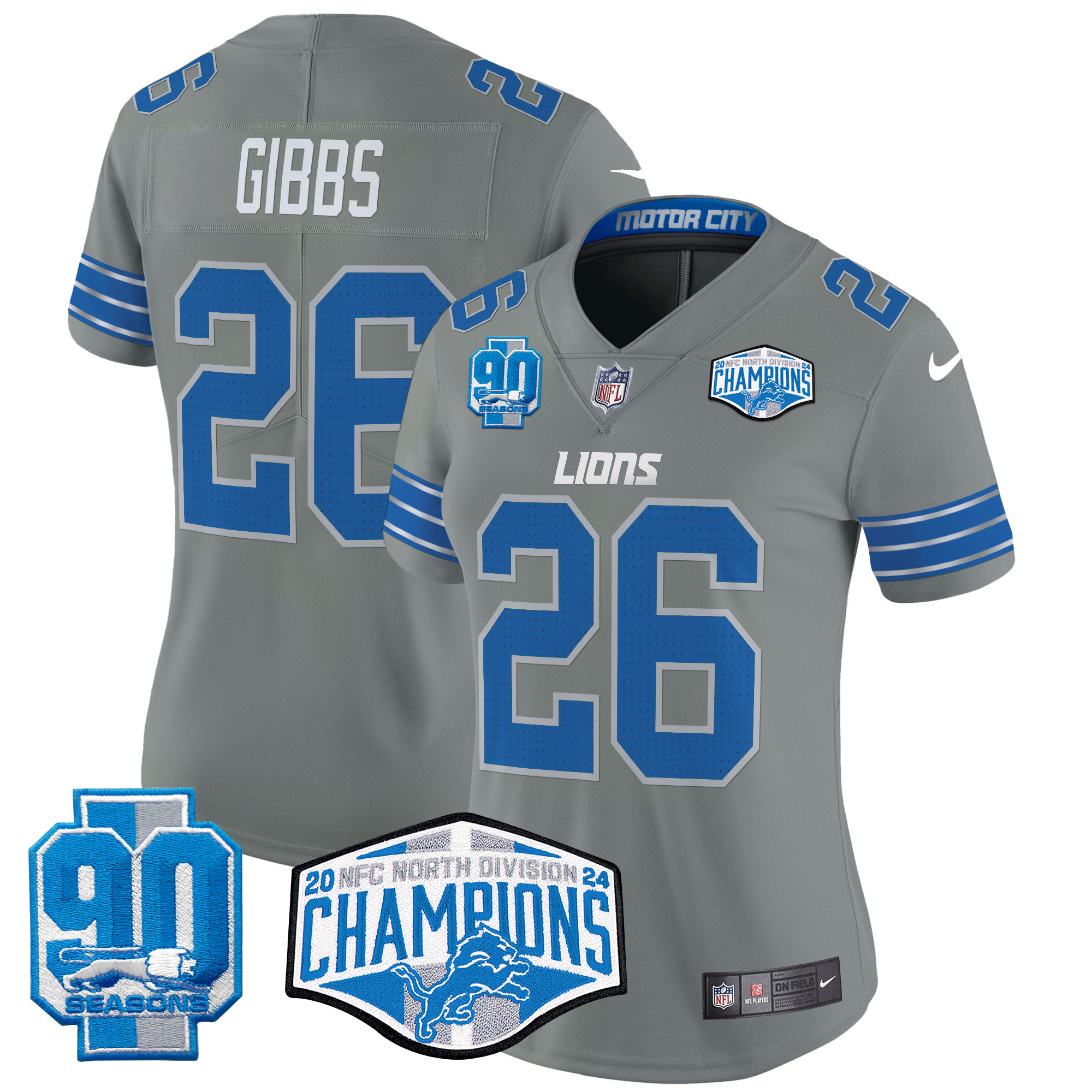 Women's Jahmyr Gibbs Detroit Lions 2024 NFC North Division Champions Patch Vapor Limited Gray Jersey - All Stitched