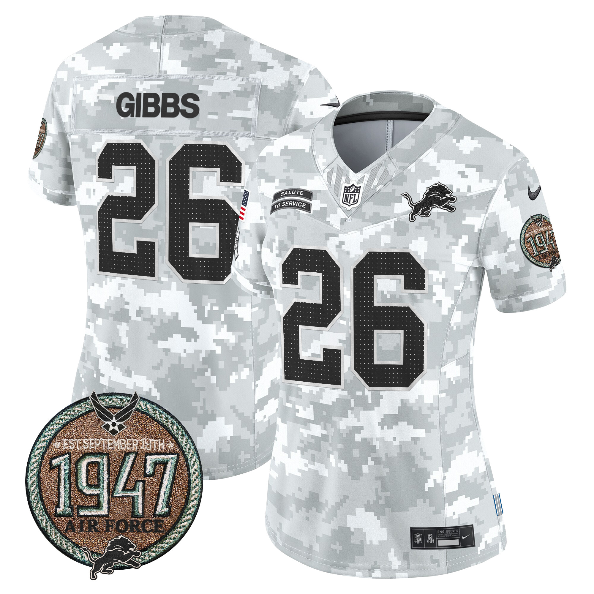 Women's Jahmyr Gibbs Detroit Lions 2024 Salute to Service Establishment Year Patch Vapor Limited Air Force Jersey - All Stitched