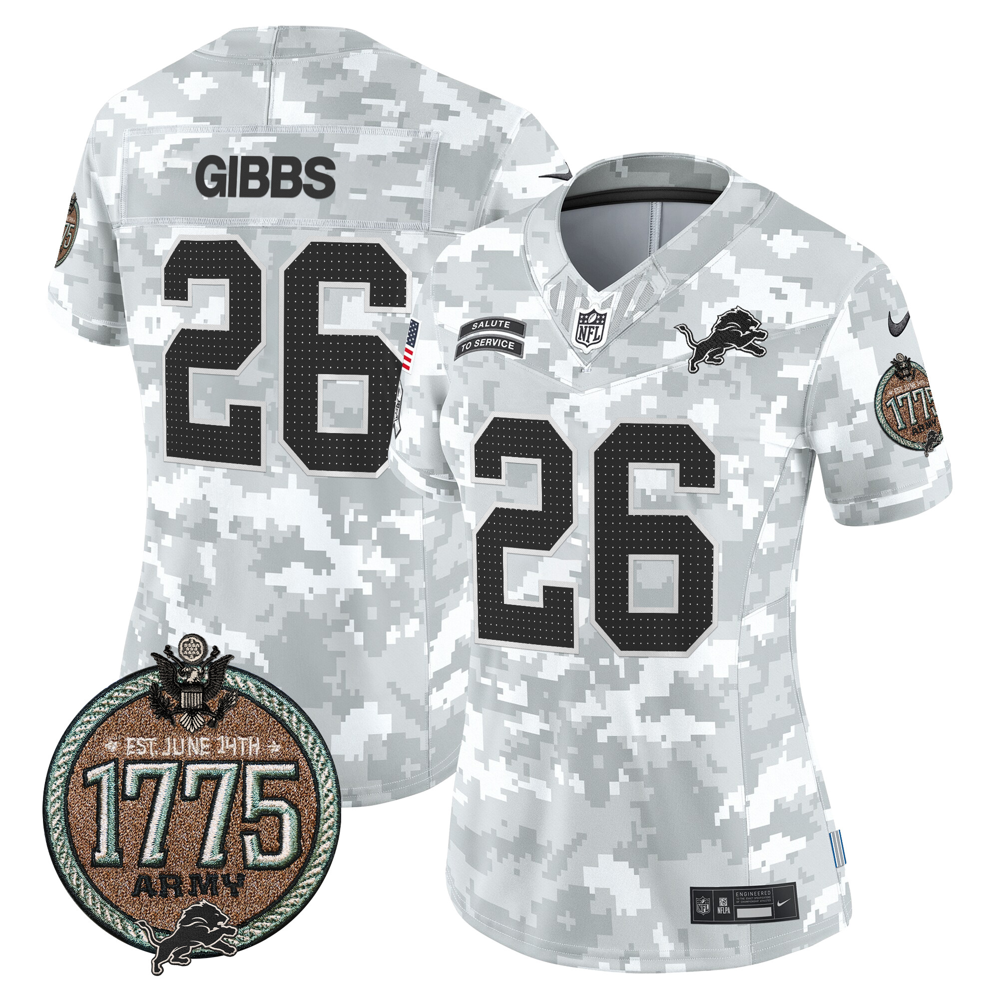 Women's Jahmyr Gibbs Detroit Lions 2024 Salute to Service Establishment Year Patch Vapor Limited Army Jersey - All Stitched