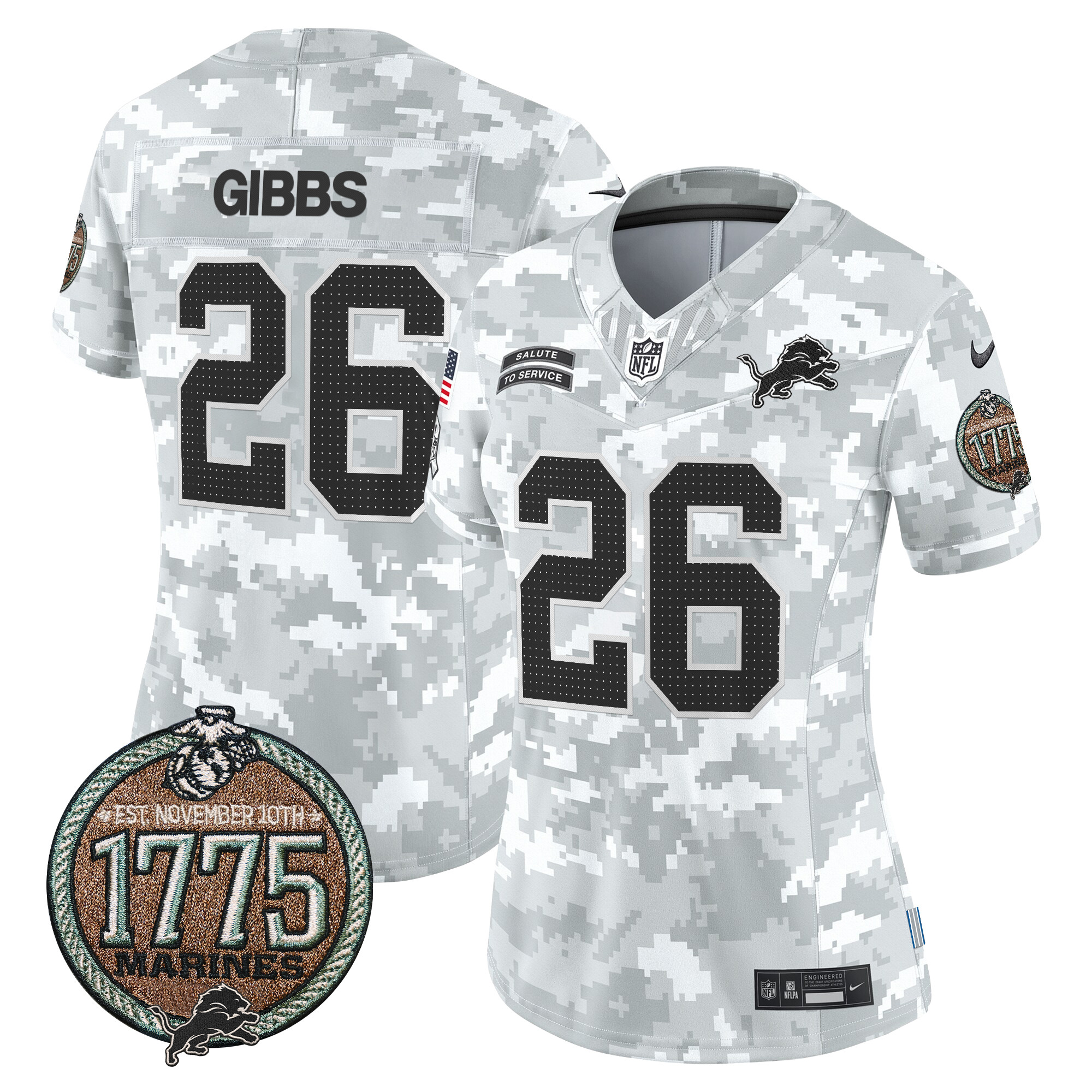 Women's Jahmyr Gibbs Detroit Lions 2024 Salute to Service Establishment Year Patch Vapor Limited Marines Jersey - All Stitched
