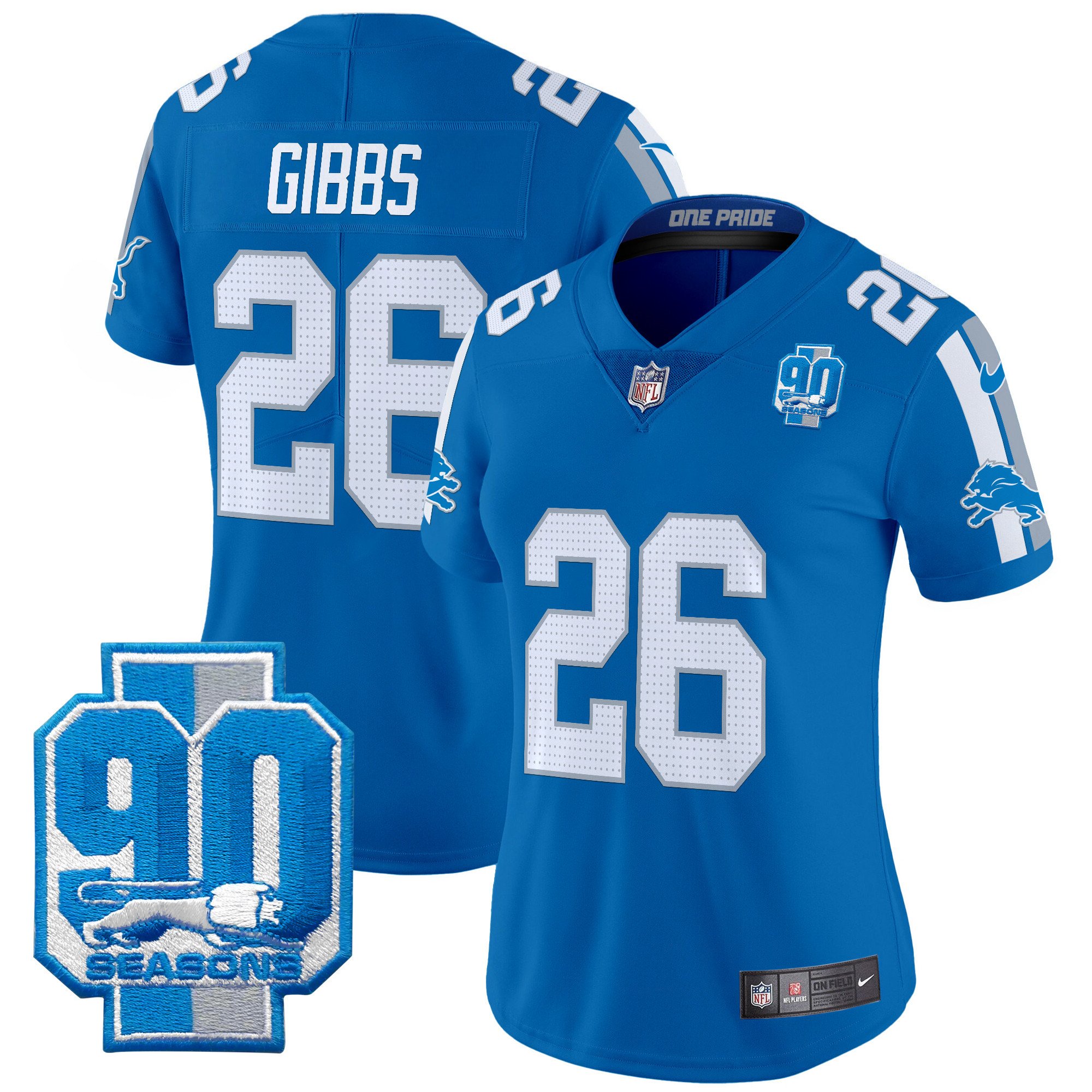 Women's Jahmyr Gibbs Detroit Lions 90th Year Patch Vapor Limited Blue Jersey - All Stitched