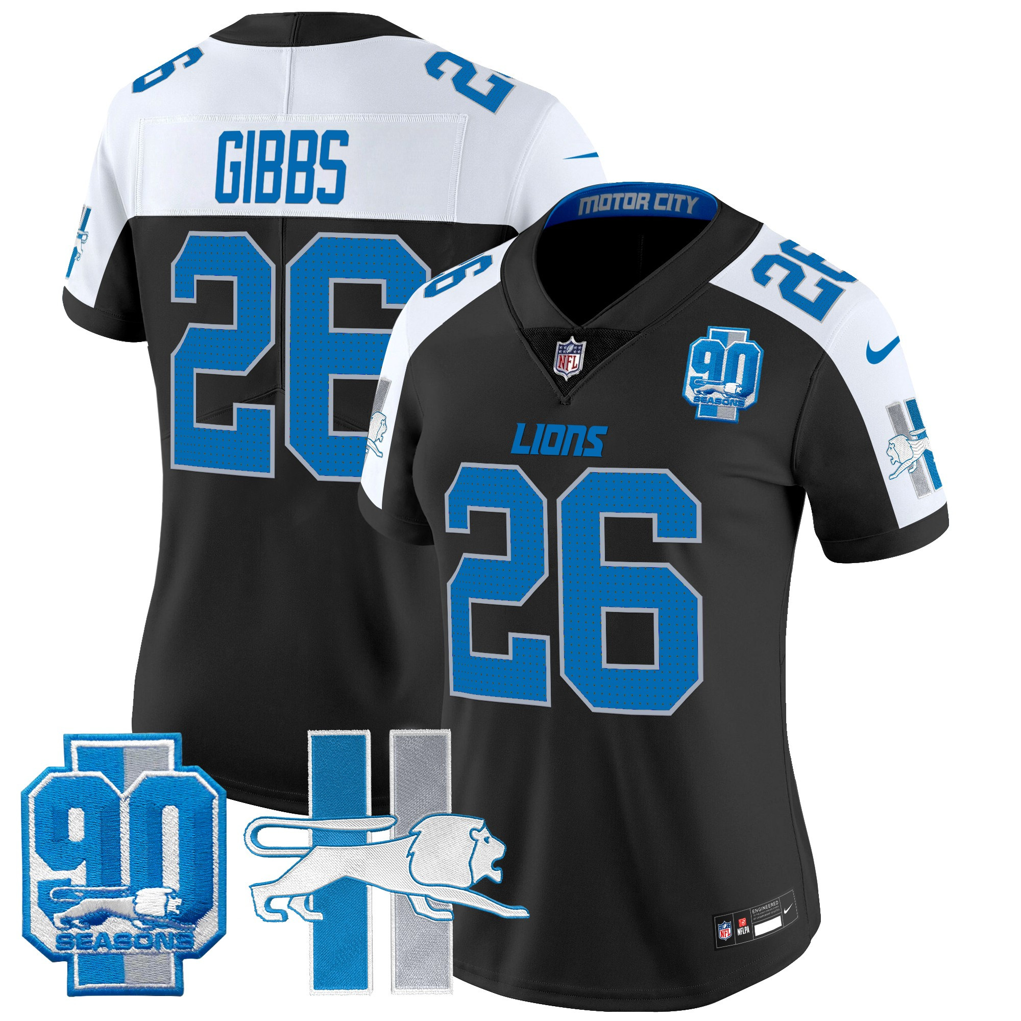 Women's Jahmyr Gibbs Detroit Lions Throwback 90th Year Patch Vapor Limited Black Alternate Jersey - All Stitched