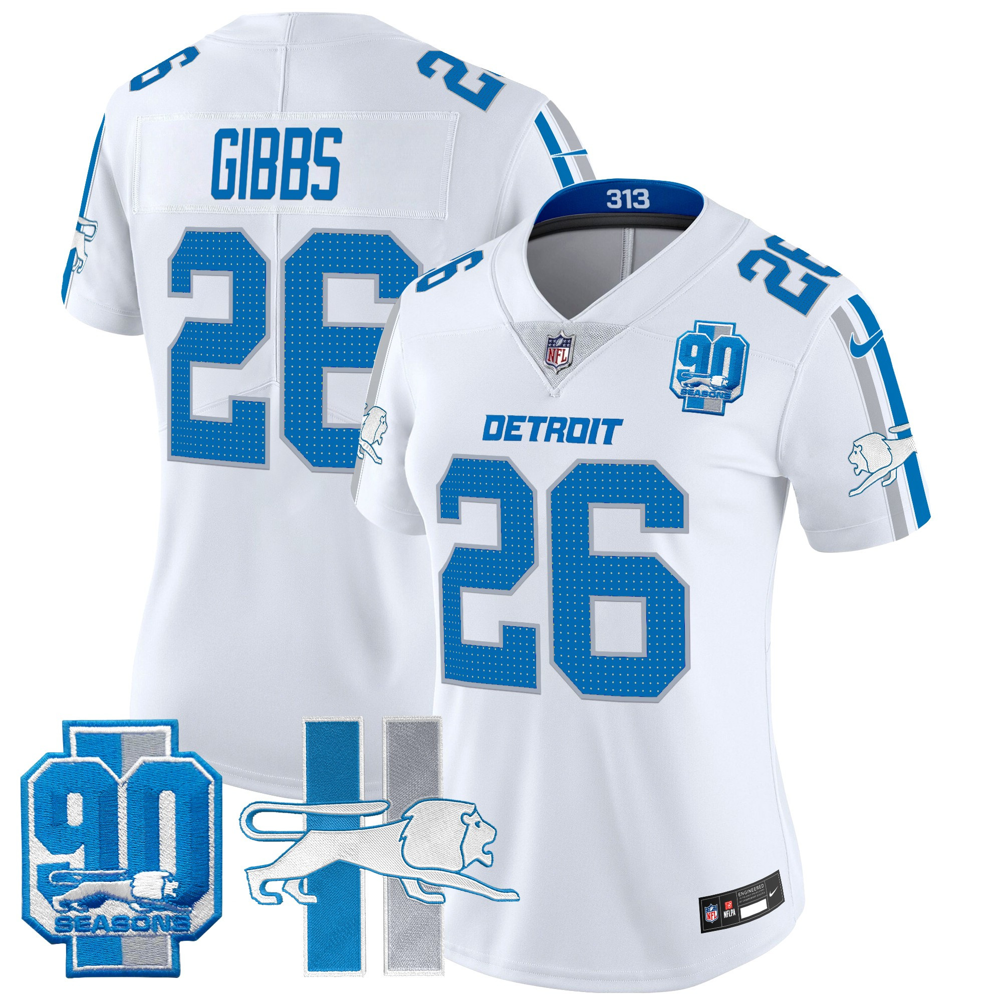 Women's Jahmyr Gibbs Detroit Lions Throwback 90th Year Patch Vapor Limited White Jersey - All Stitched