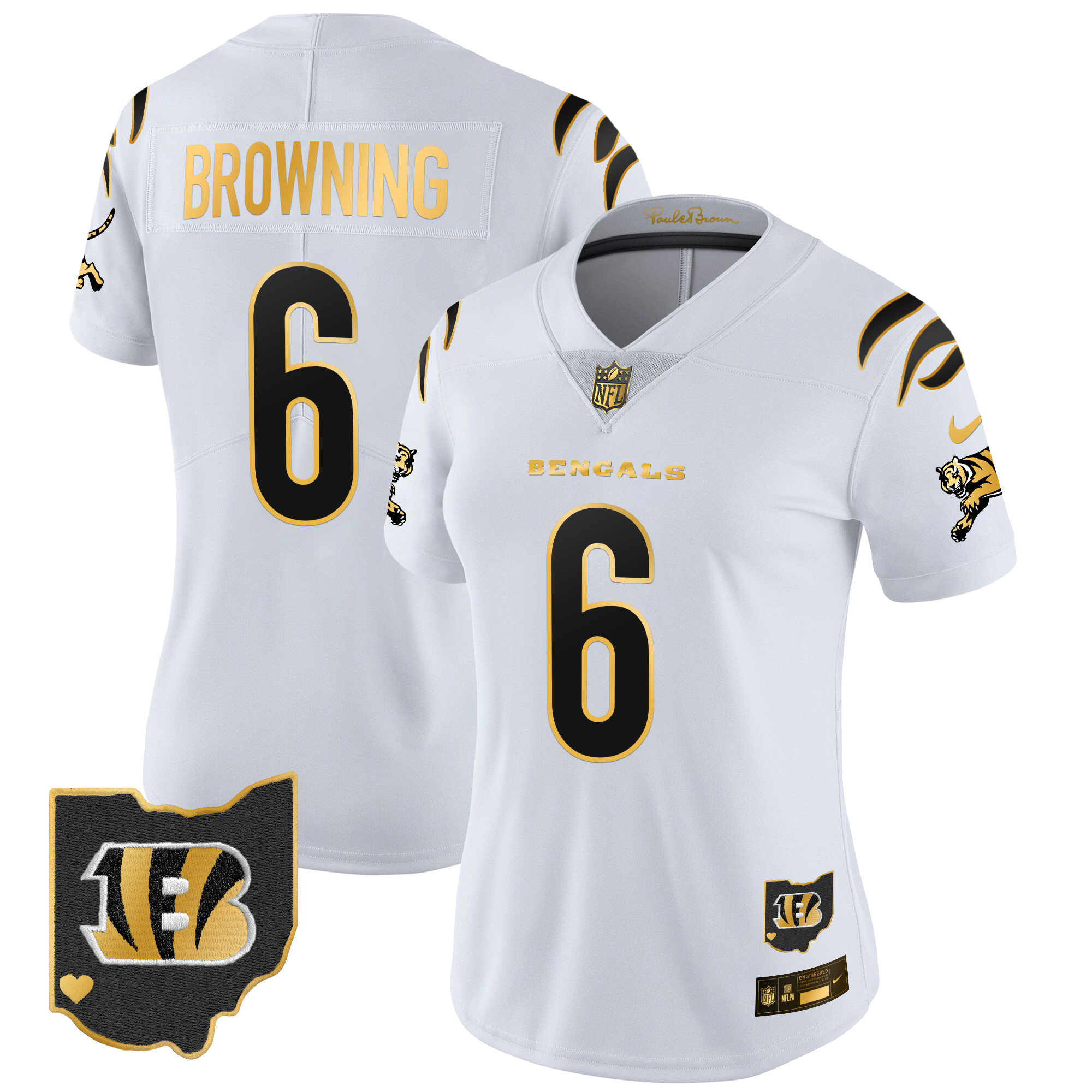 Women's Jake Browning Cincinnati Bengals 2024 Gold Vapor Limited White Gold Jersey - All Stitched