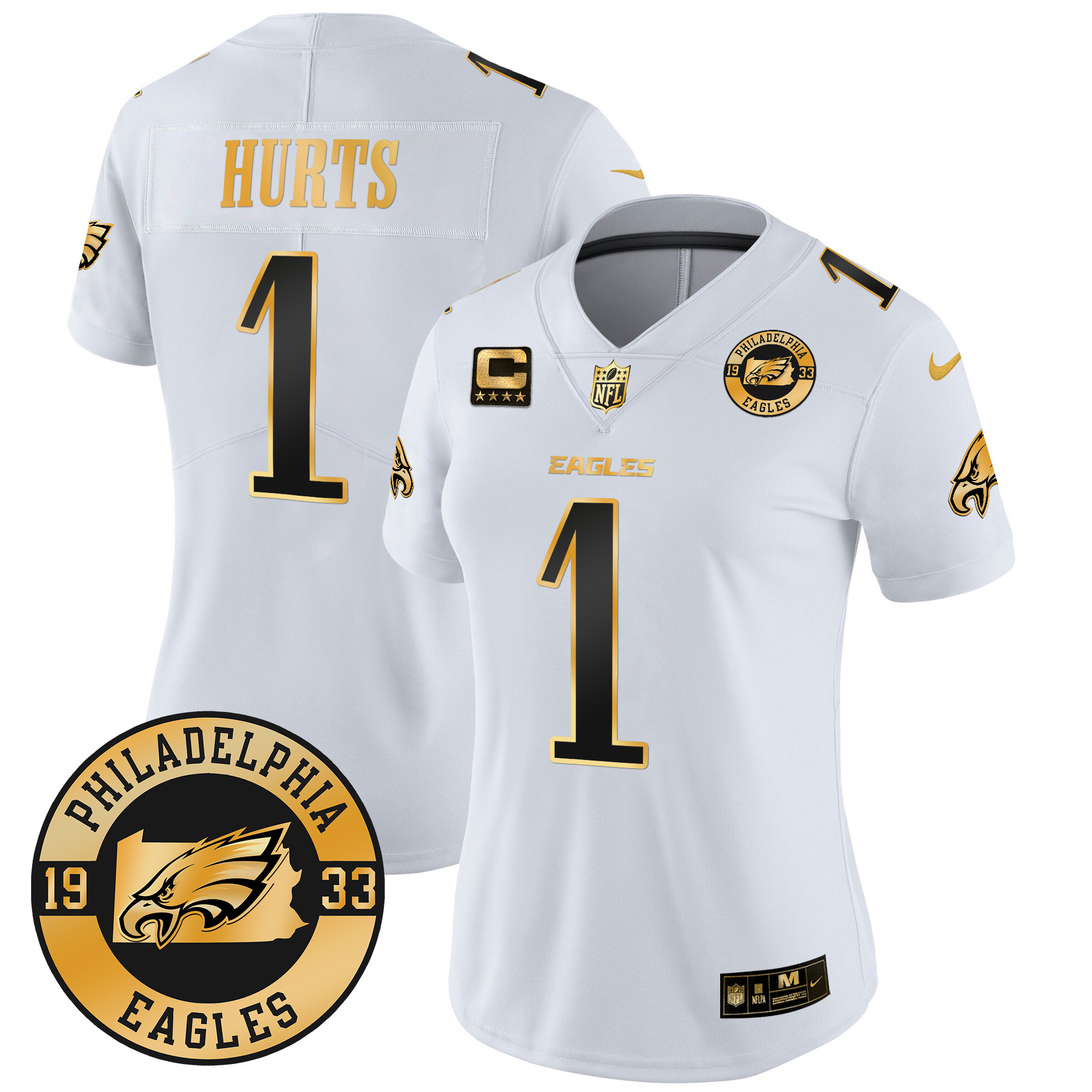 Women's Jalen Hurts Philadelphia Eagles 2024 Gold Vapor Limited White Gold Jersey - All Stitched
