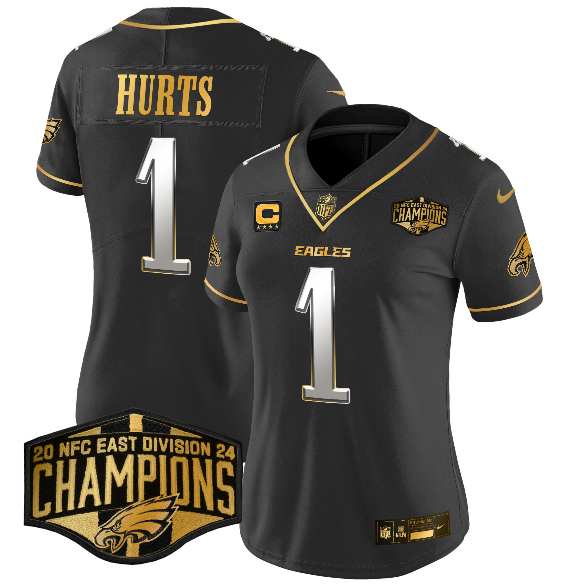 Women's Jalen Hurts Philadelphia Eagles 2024 NFC East Division Champions Gold Vapor Limited Black Limited Jersey - All Stitched