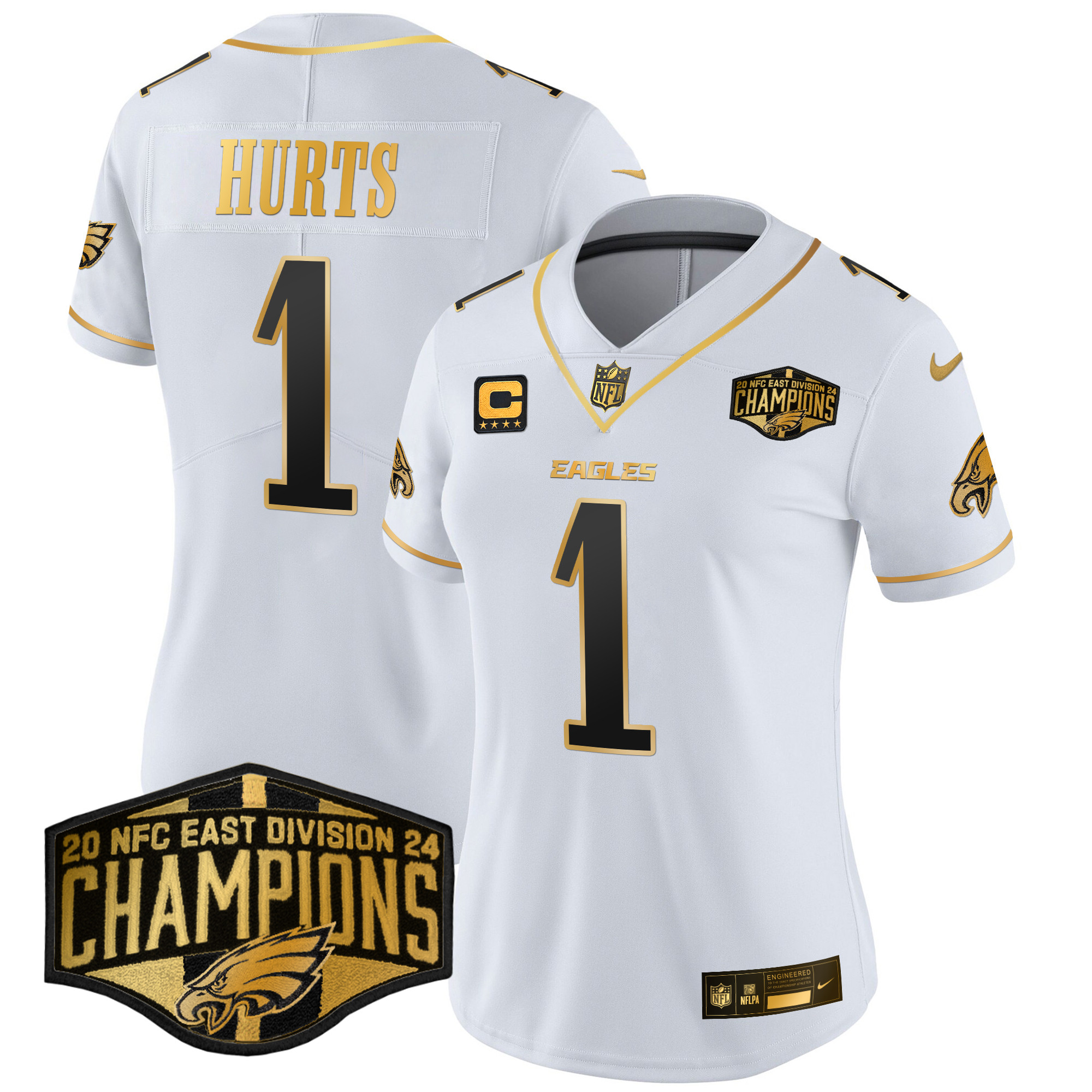 Women's Jalen Hurts Philadelphia Eagles 2024 NFC East Division Champions Gold Vapor Limited White Gold Jersey - All Stitched