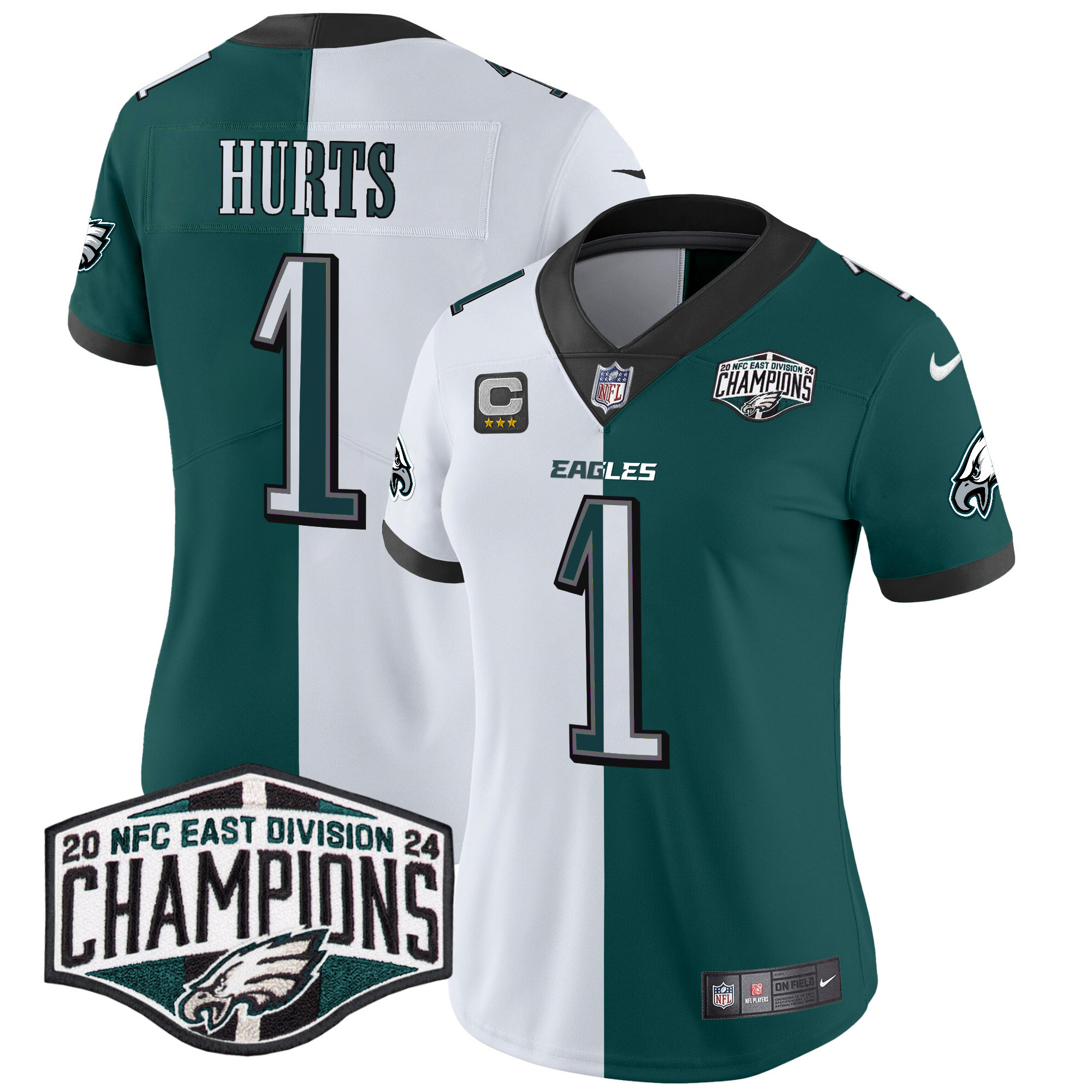 Women's Jalen Hurts Philadelphia Eagles 2024 NFC East Division Champions Vapor Limited Split Jersey - All Stitched