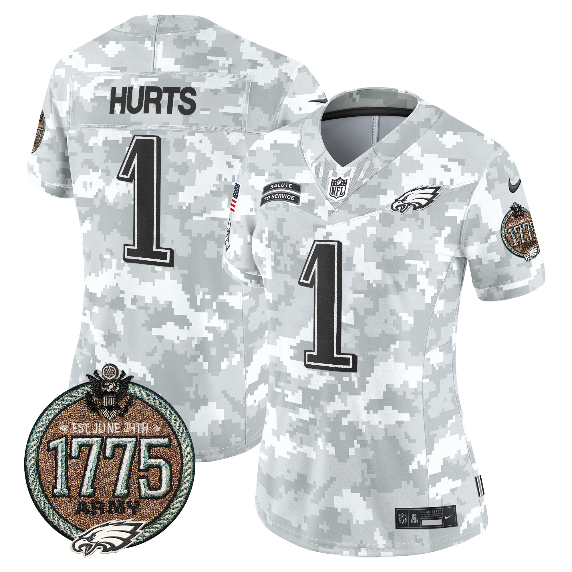 Women's Jalen Hurts Philadelphia Eagles 2024 Salute to Service Establishment Year Patch Vapor Limited Army Jersey - All Stitched