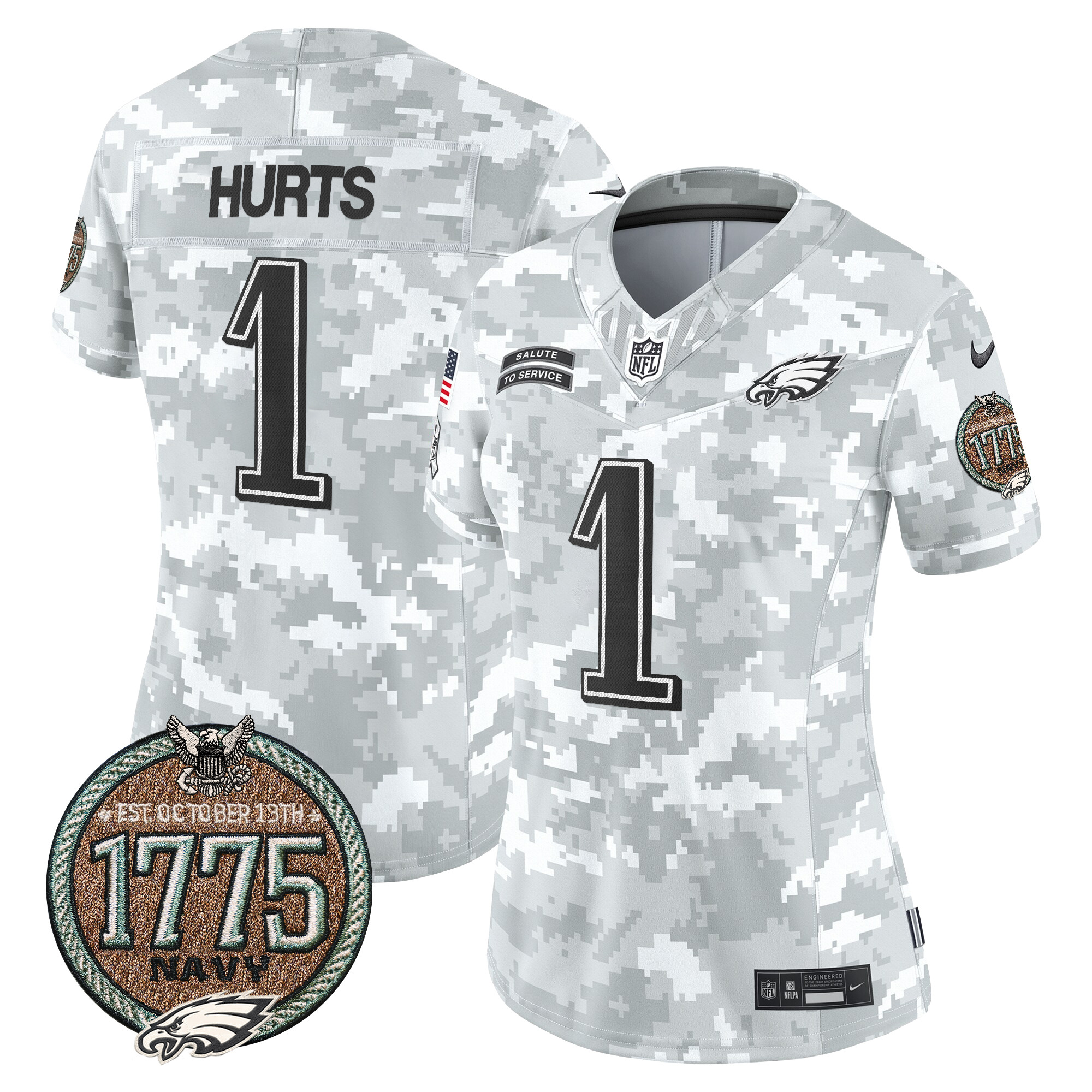 Women's Jalen Hurts Philadelphia Eagles 2024 Salute to Service Establishment Year Patch Vapor Limited Navy Jersey - All Stitched