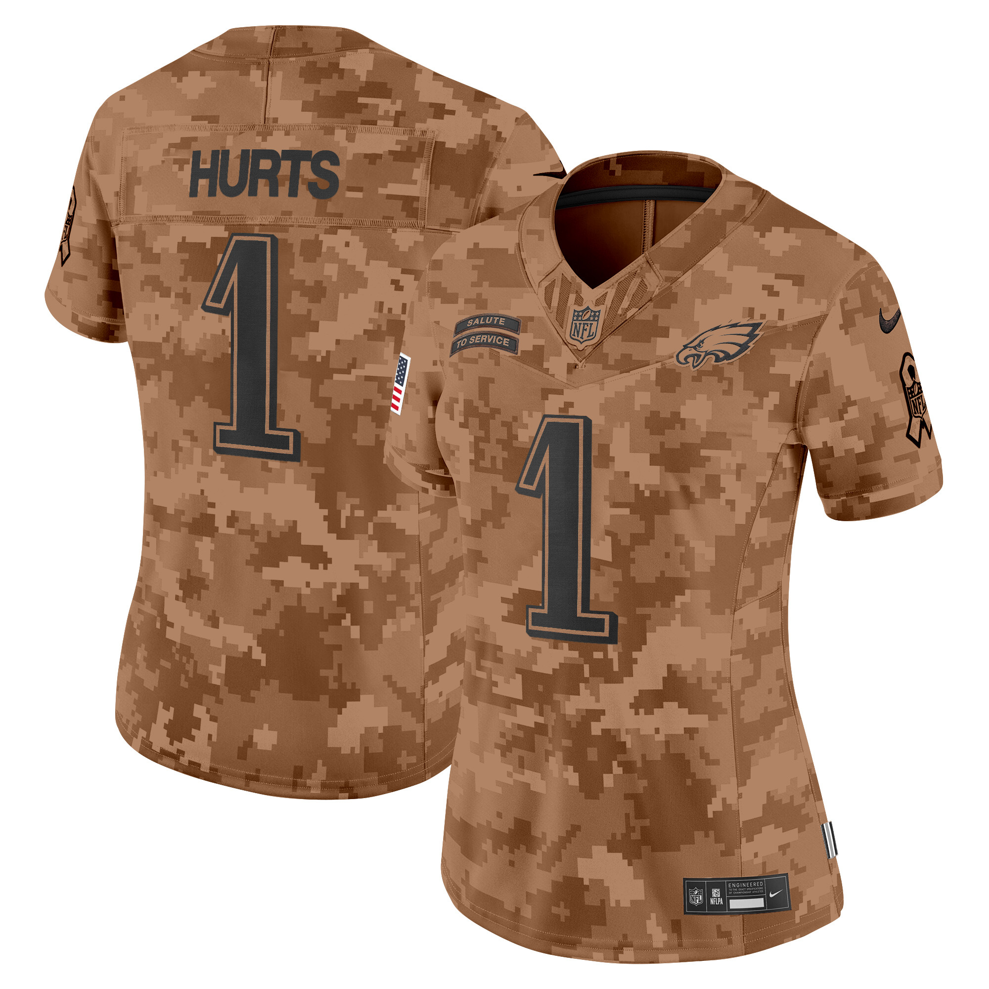 Women's Jalen Hurts Philadelphia Eagles 2024 Salute to Service Vapor Limited Brown Camo Jersey - All Stitched