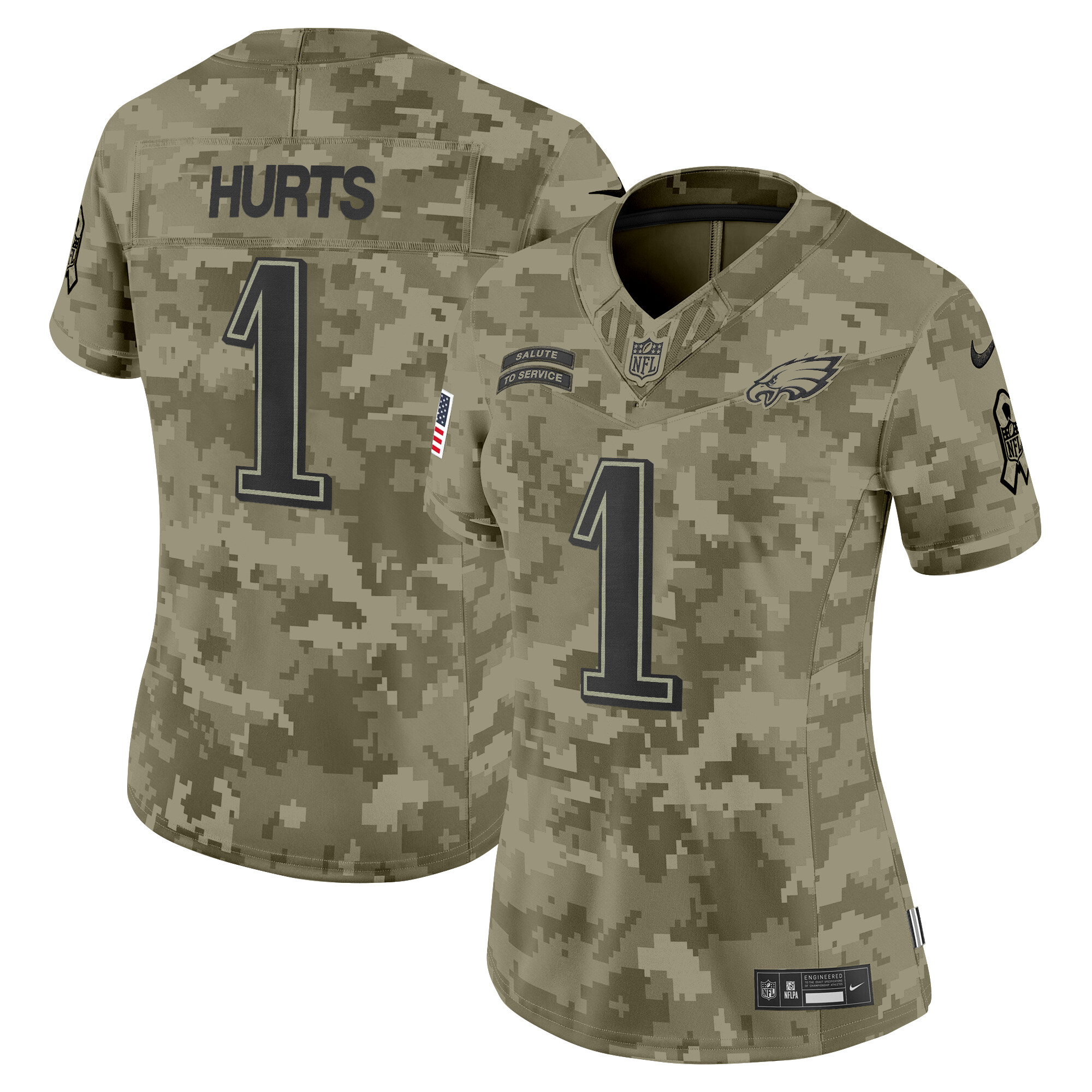 Women's Jalen Hurts Philadelphia Eagles 2024 Salute to Service Vapor Limited Olive Camo Jersey - All Stitched