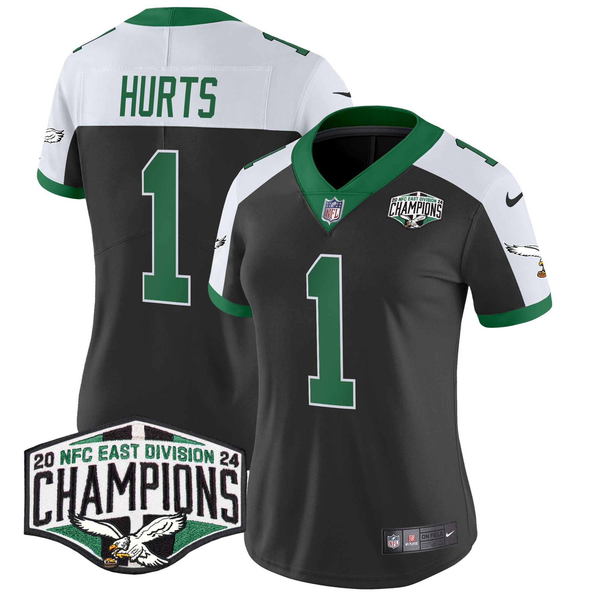 Women's Jalen Hurts Philadelphia Eagles Kelly Green 2024 NFC East Division Champions Vapor Limited Black Alternate Jersey - All Stitched