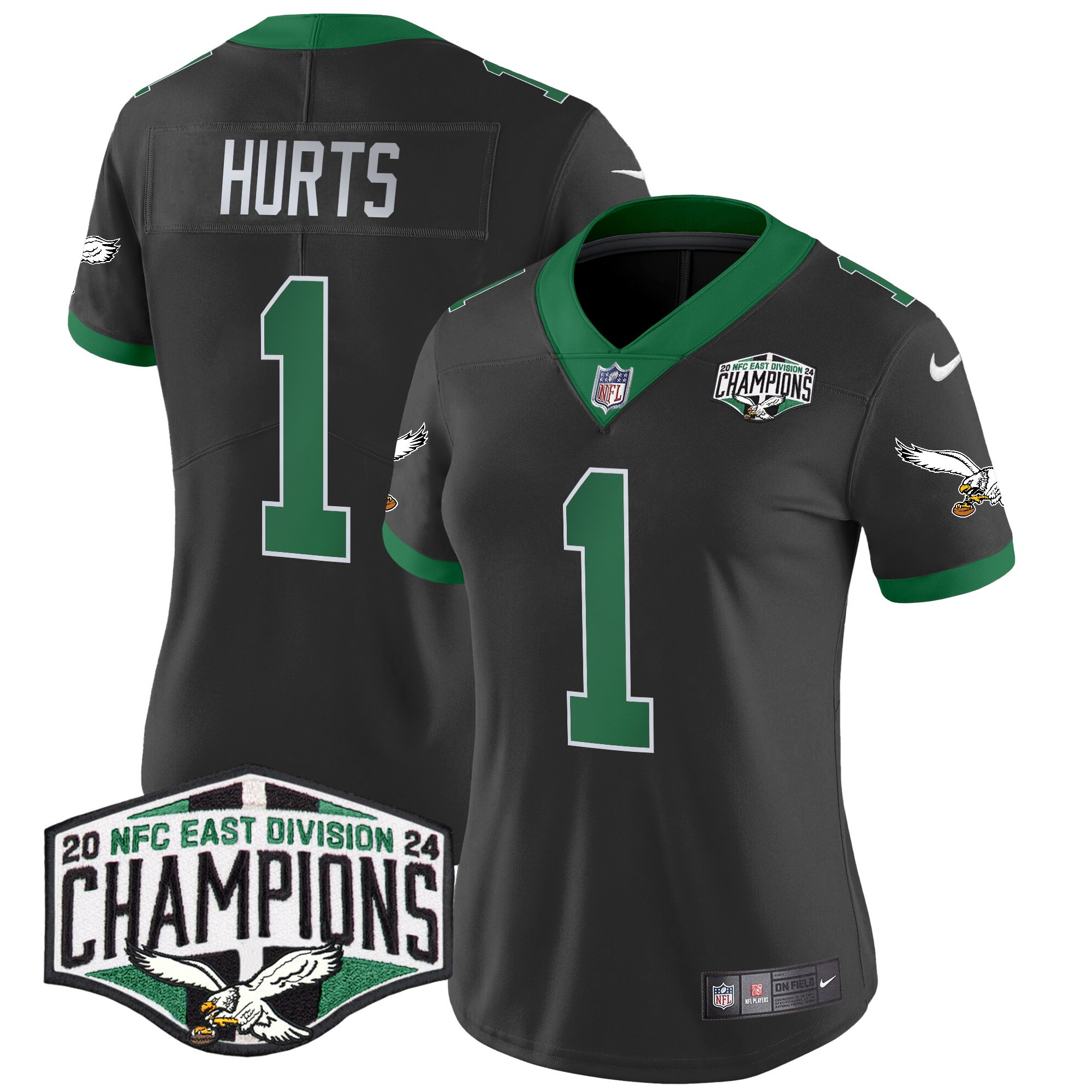 Women's Jalen Hurts Philadelphia Eagles Kelly Green 2024 NFC East Division Champions Vapor Limited Black Jersey - All Stitched