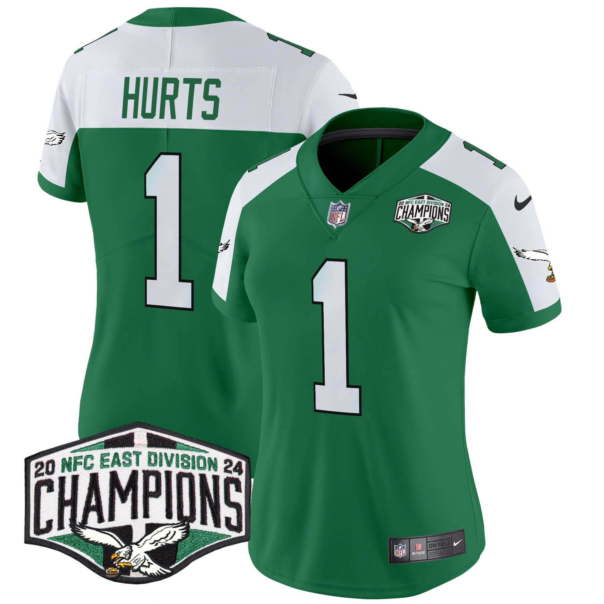 Women's Jalen Hurts Philadelphia Eagles Kelly Green 2024 NFC East Division Champions Vapor Limited Kelly Alternate Jersey - All Stitched