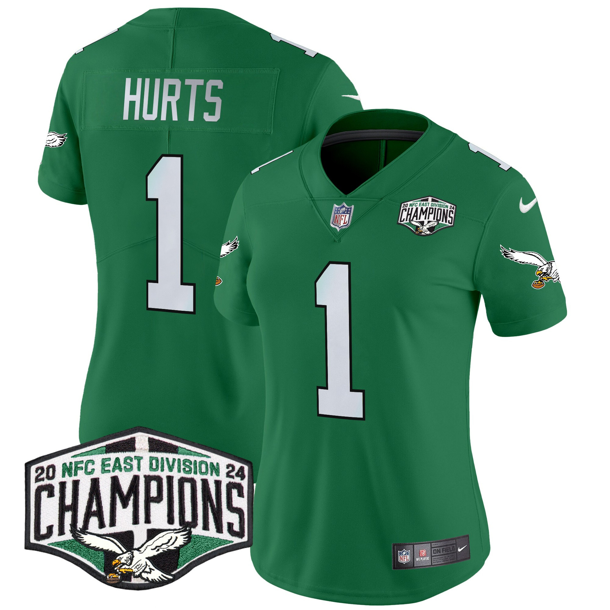 Women's Jalen Hurts Philadelphia Eagles Kelly Green 2024 NFC East Division Champions Vapor Limited Kelly Green Jersey - All Stitched