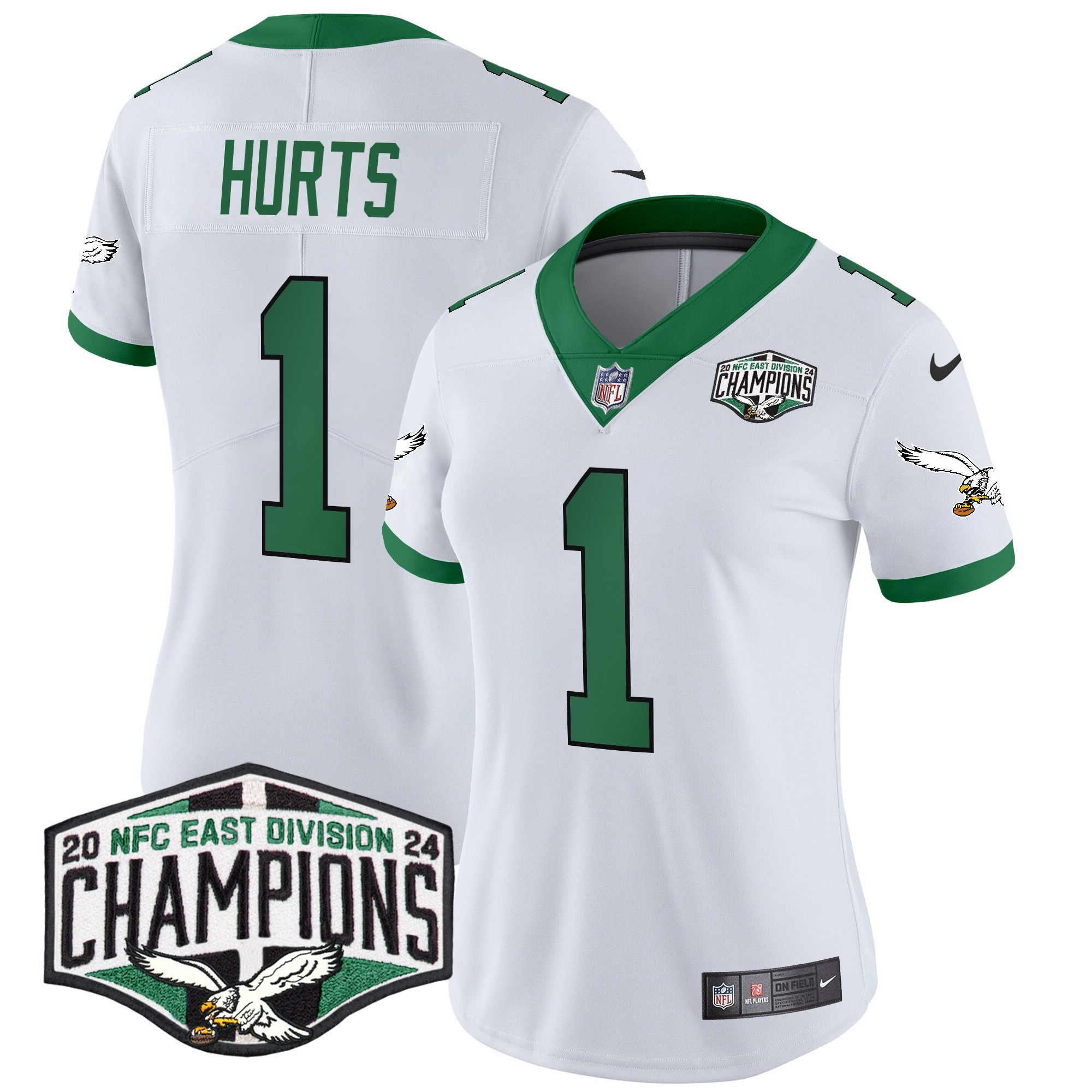 Women's Jalen Hurts Philadelphia Eagles Kelly Green 2024 NFC East Division Champions Vapor Limited Kelly White Jersey - All Stitched