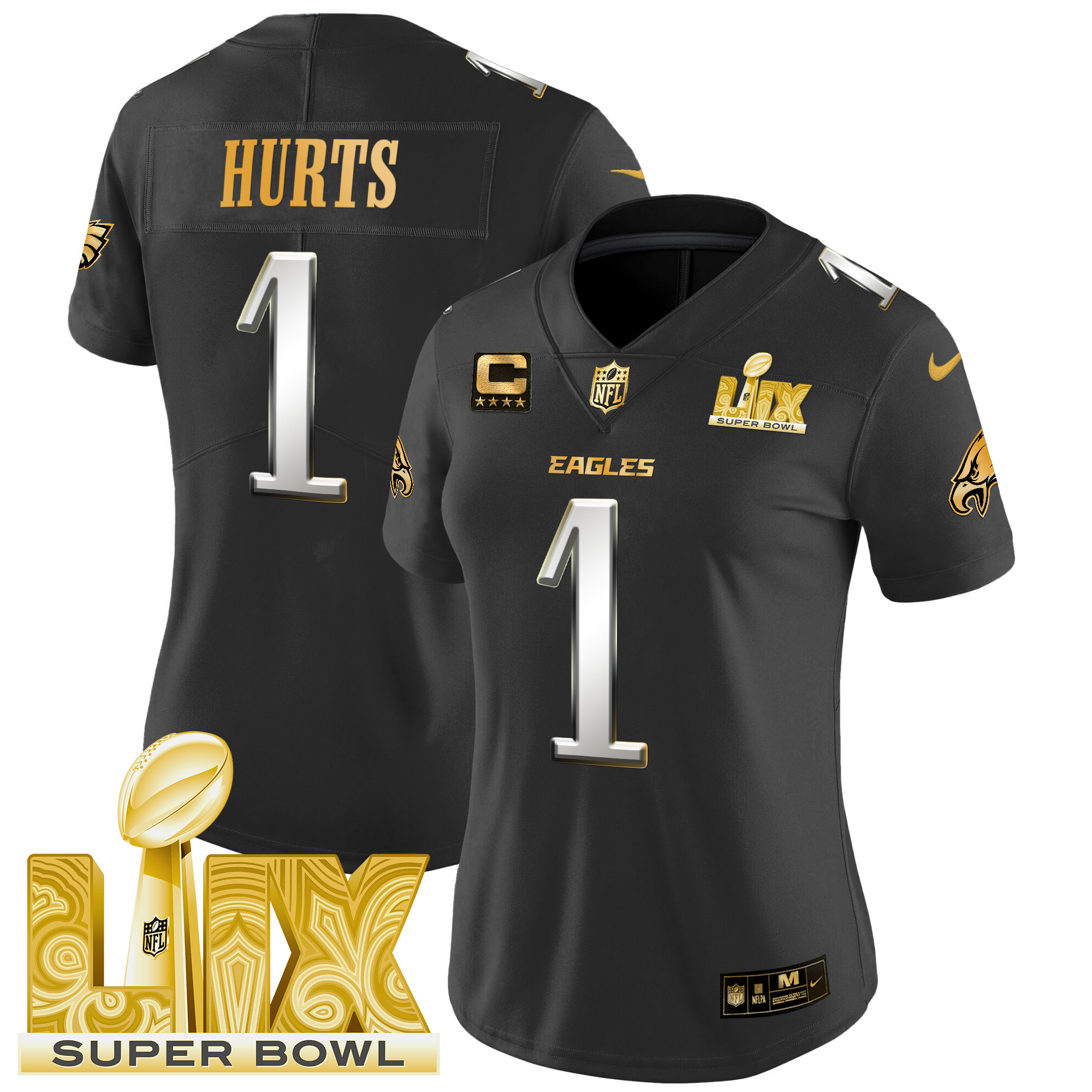 Women's Jalen Hurts Philadelphia Eagles Super Bowl LIX Patch Gold Vapor Limited Black Limited Jersey - All Stitched