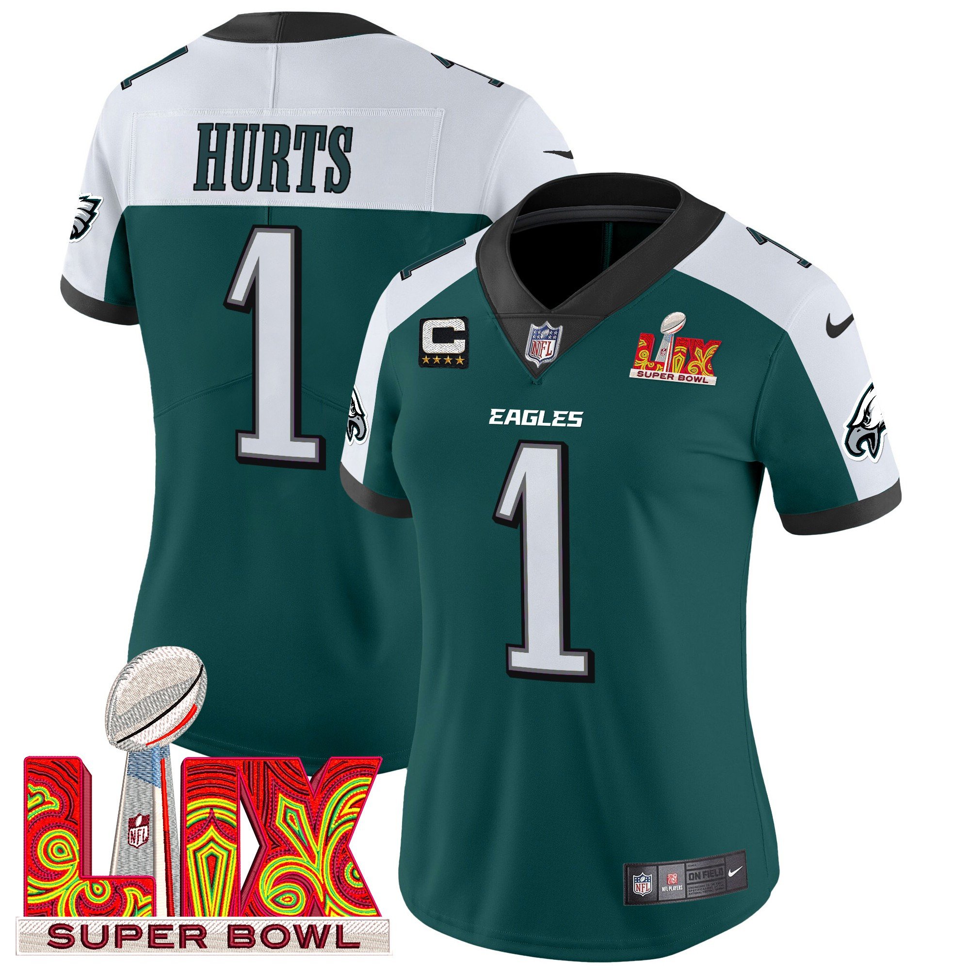 Women's Jalen Hurts Philadelphia Eagles Super Bowl LIX Patch Vapor Limited Green Alternate Jersey - All Stitched
