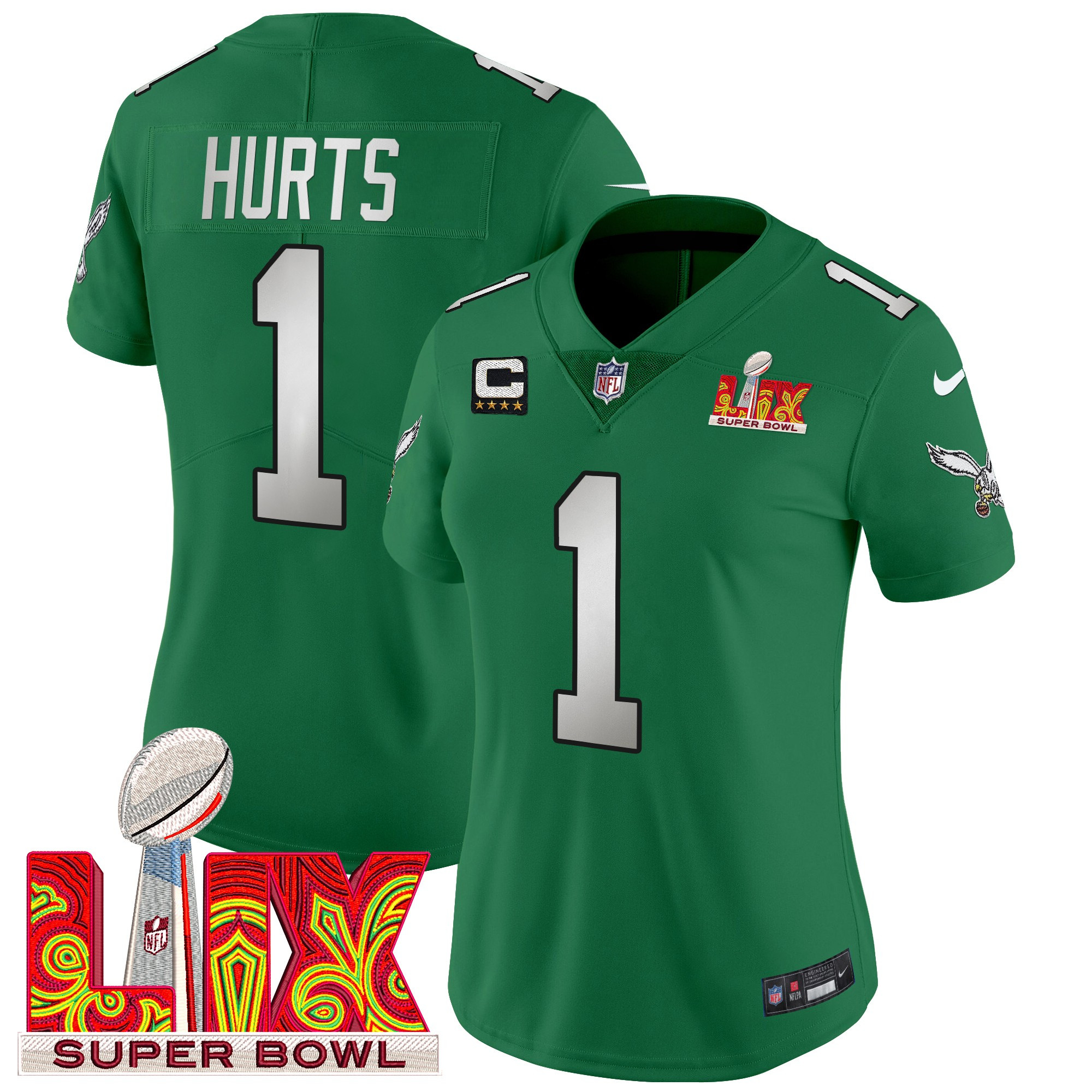 Women's Jalen Hurts Philadelphia Eagles Super Bowl LIX Patch Vapor Limited Kelly Green Jersey - All Stitched