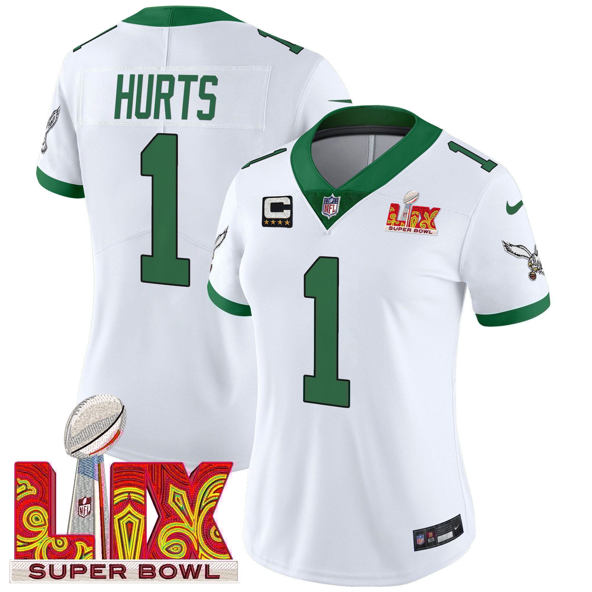 Women's Jalen Hurts Philadelphia Eagles Super Bowl LIX Patch Vapor Limited Kelly White Jersey - All Stitched