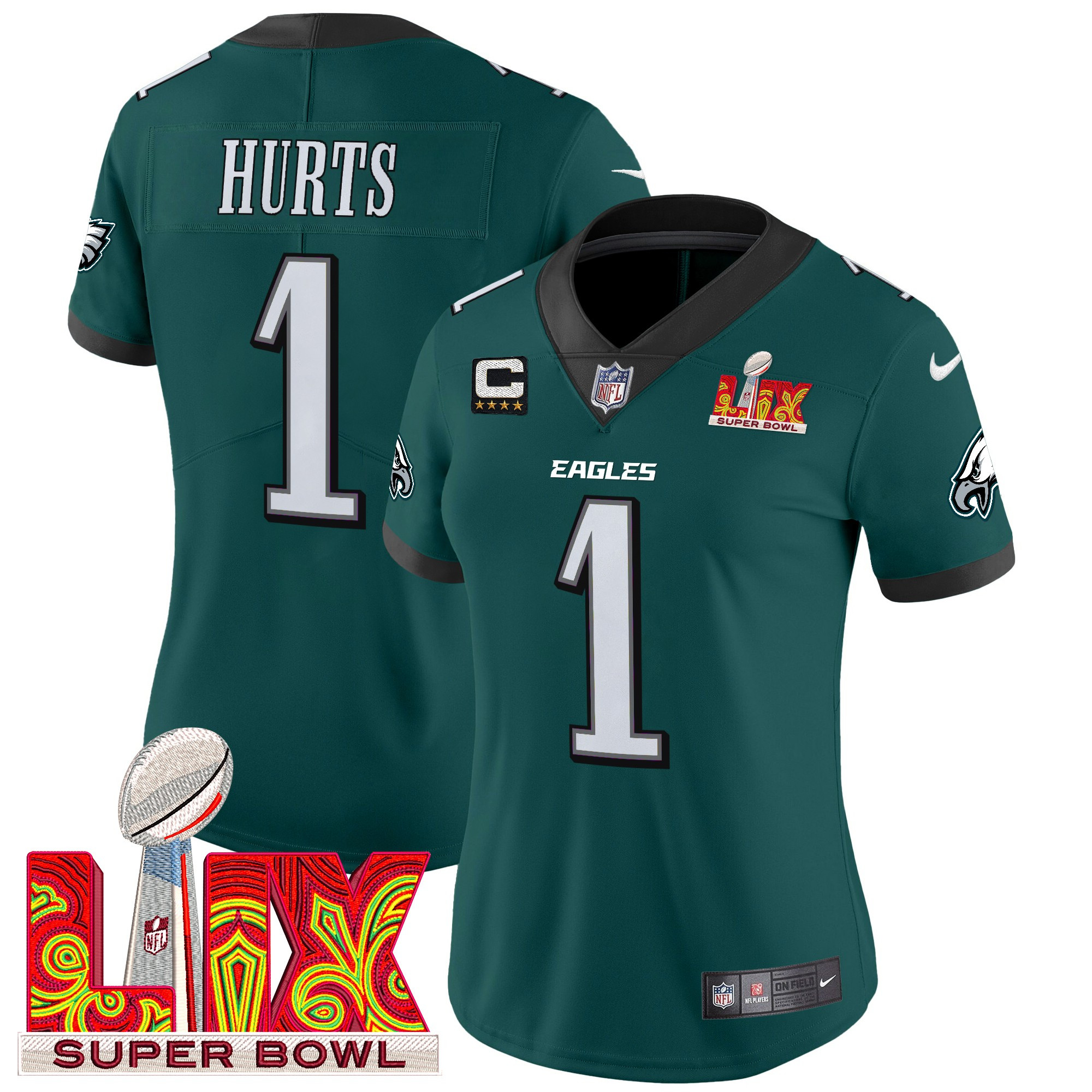 Women's Jalen Hurts Philadelphia Eagles Super Bowl LIX Patch Vapor Limited Midnight Green Jersey - All Stitched