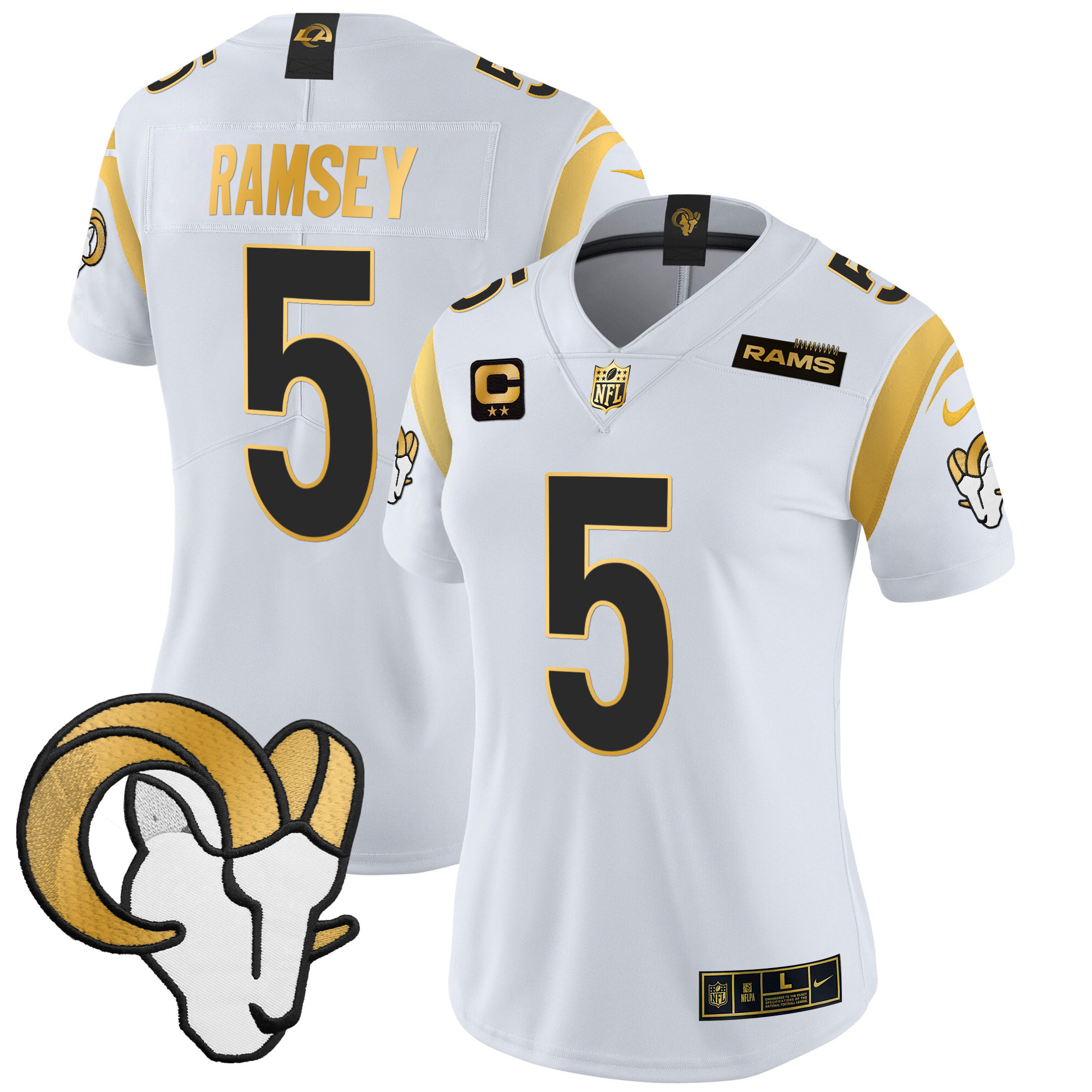 Women's Jalen Ramsey Los Angeles Rams 2024 Gold Vapor Limited White Gold Jersey - All Stitched