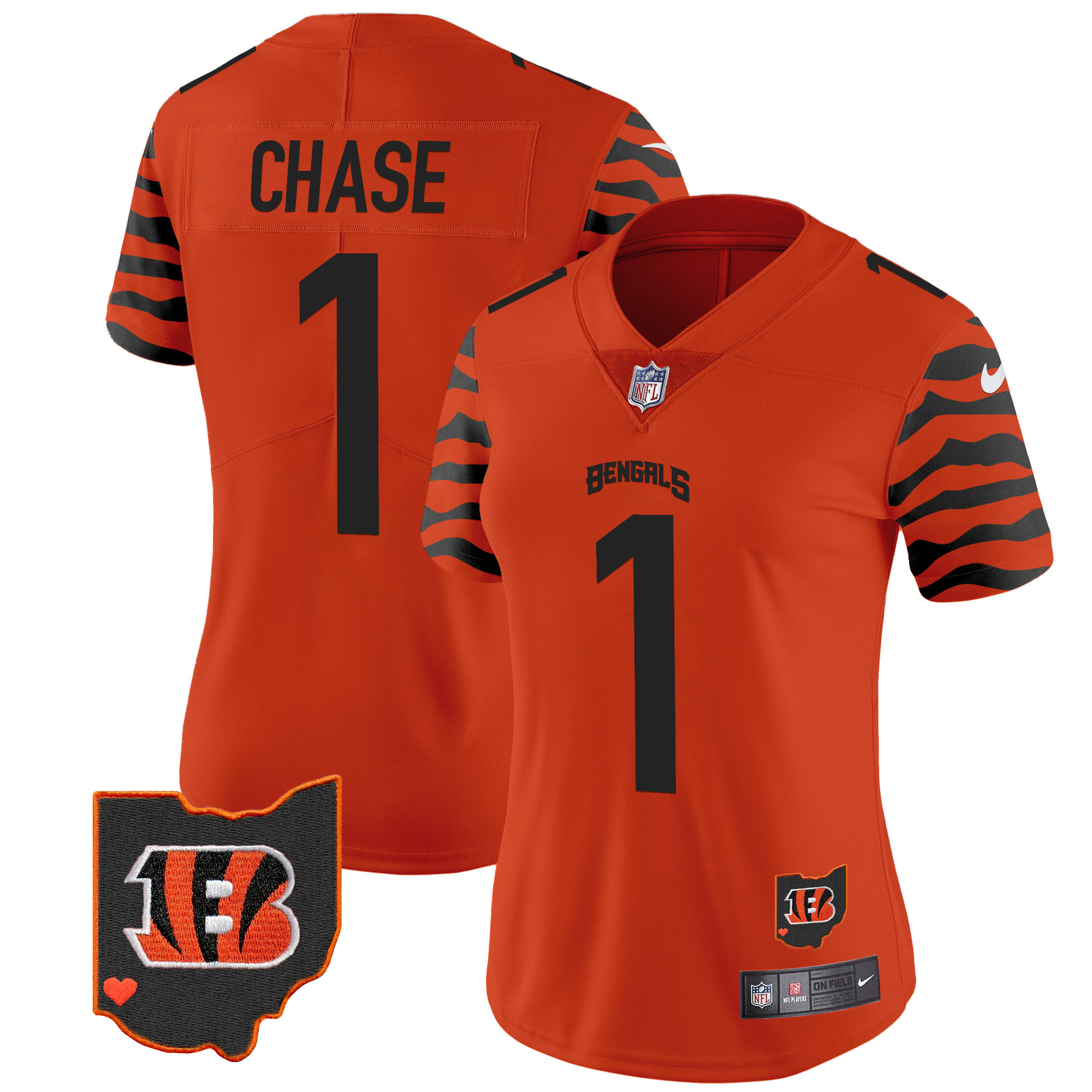 Women's Ja'Marr Chase Cincinnati Bengals Stripes Vapor Limited Orange Jersey - All Stitched