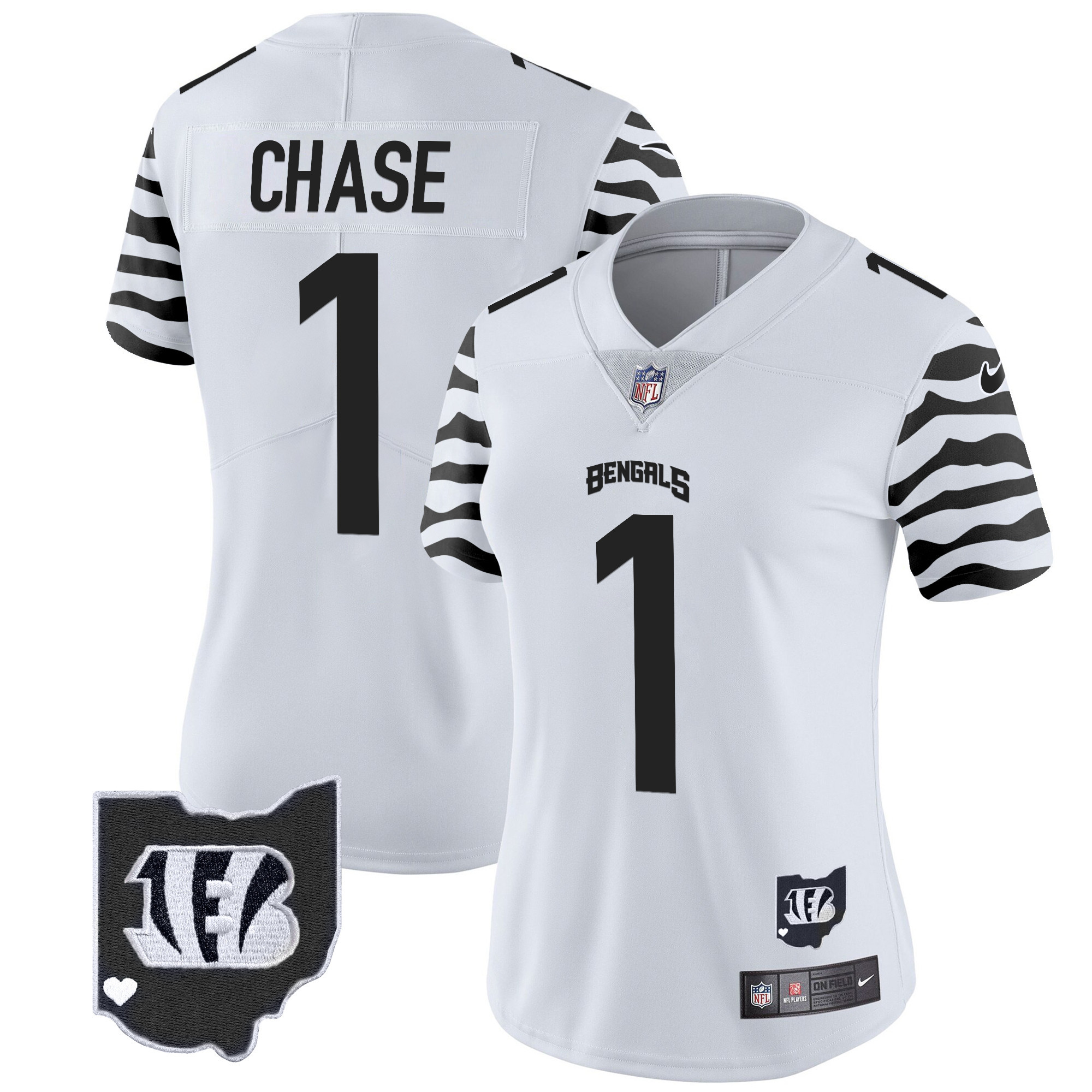 Women's Ja'Marr Chase Cincinnati Bengals Stripes Vapor Limited White Jersey - All Stitched