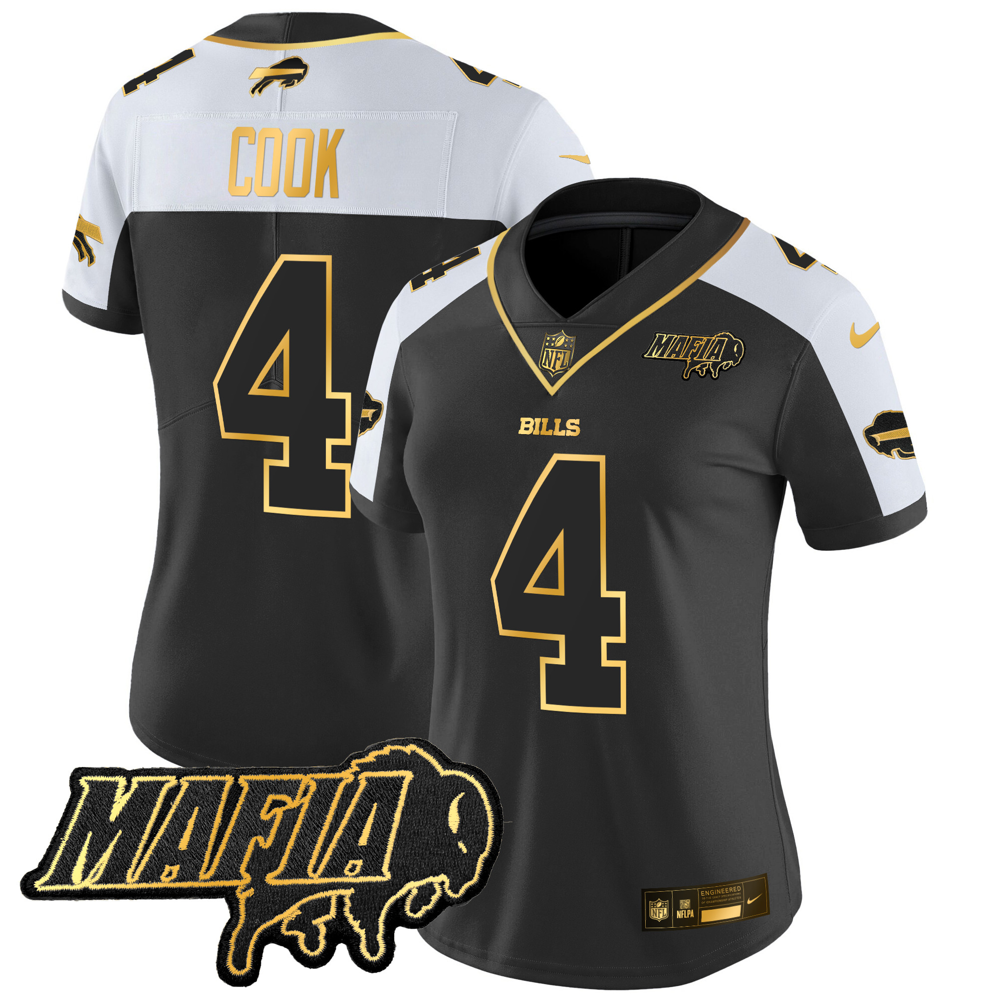 Women's James Cook Buffalo Bills 2024 Buffalo Bills Mafia Patch Gold Vapor Limited Alternate Jersey - All Stitched