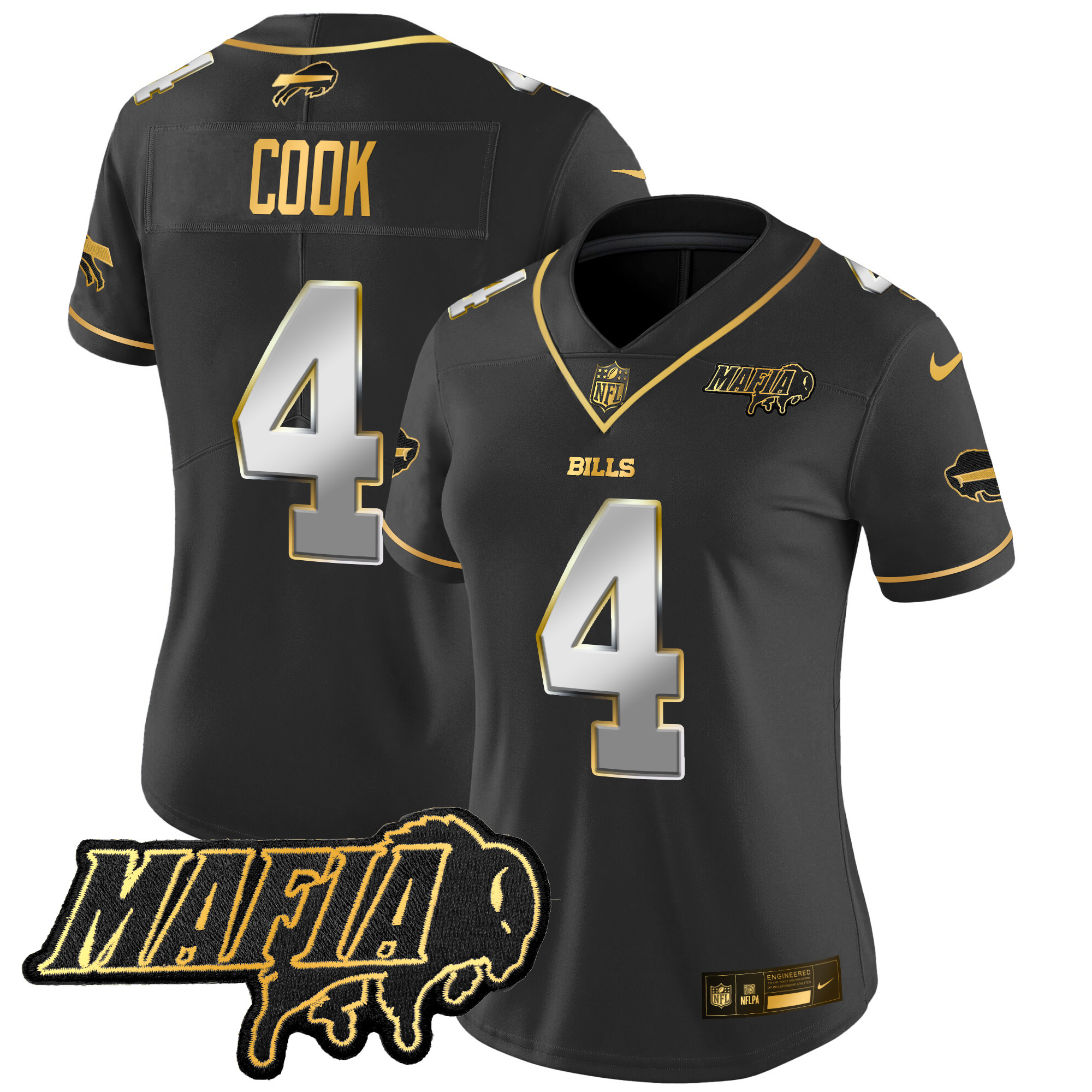 Women's James Cook Buffalo Bills 2024 Buffalo Bills Mafia Patch Gold Vapor Limited Black Limited Jersey - All Stitched