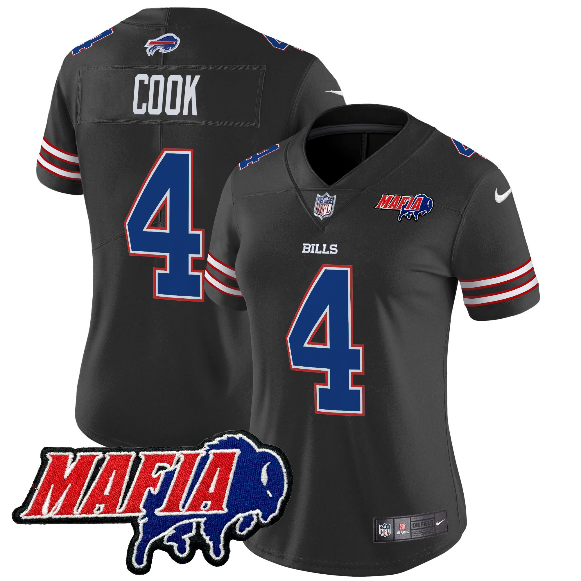 Women's James Cook Buffalo Bills 2024 Buffalo Bills Mafia Patch Vapor Limited Black Jersey - All Stitched