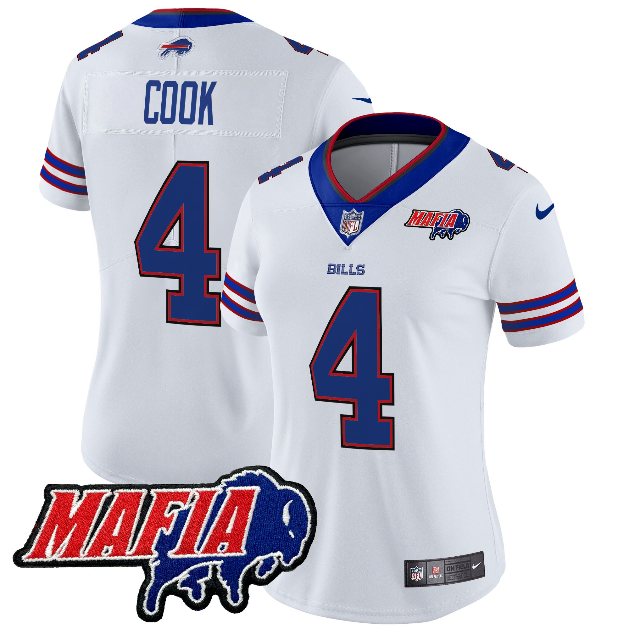 Women's James Cook Buffalo Bills 2024 Buffalo Bills Mafia Patch Vapor Limited White Jersey - All Stitched