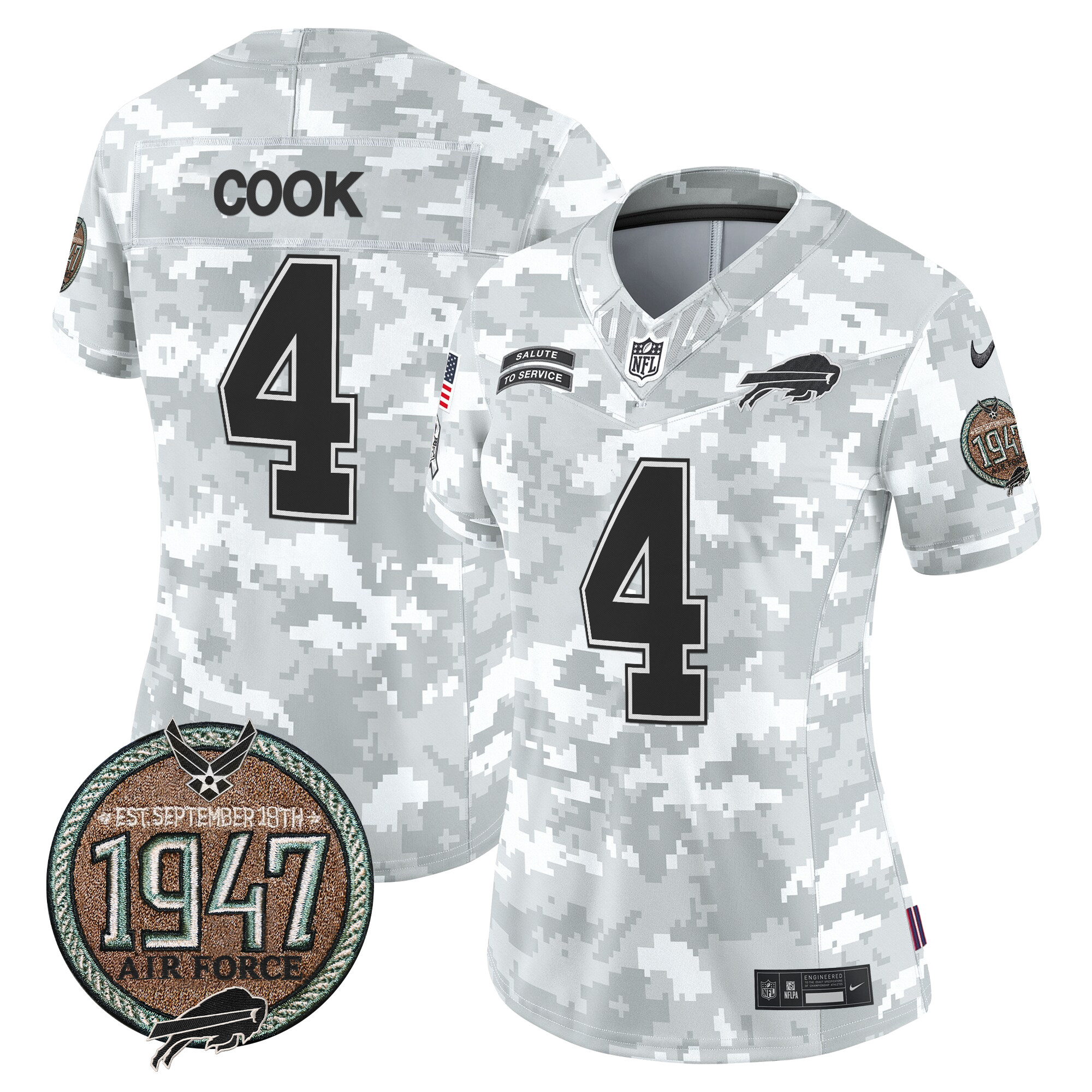 Women's James Cook Buffalo Bills 2024 Salute to Service Establishment Year Patch Vapor Limited Air Force Jersey - All Stitched