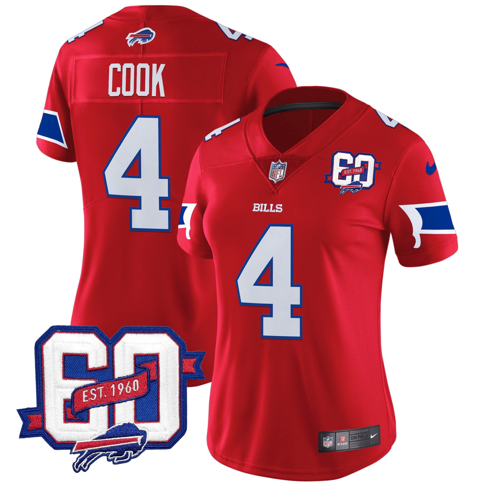 Women's James Cook Buffalo Bills 60th Anniversary Patch Vapor Limited Red Jersey - All Stitched