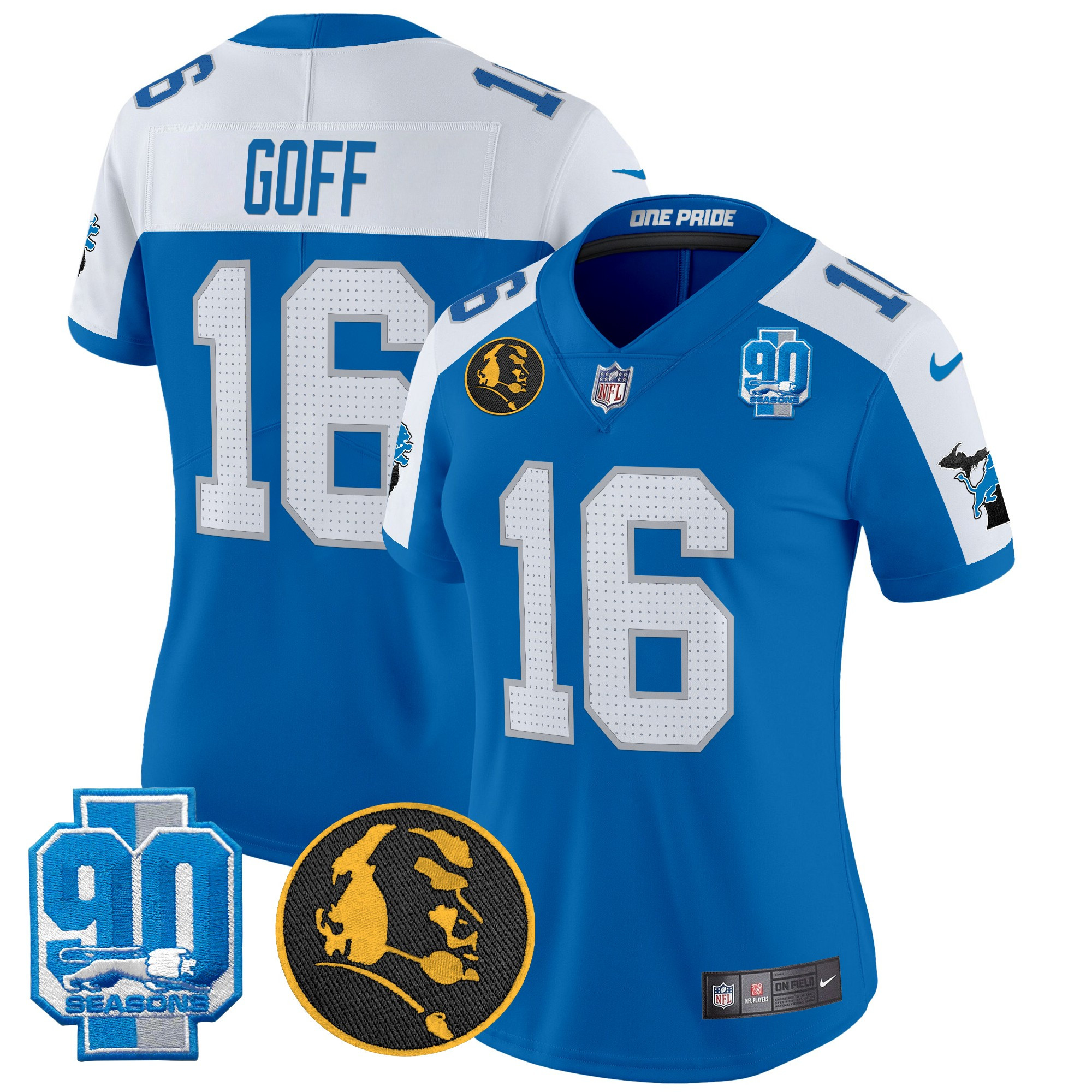 Women's Jared Goff Detroit Lions 2024 90th & John Madden Patch Vapor Limited Blue Alternate Jersey - All Stitched