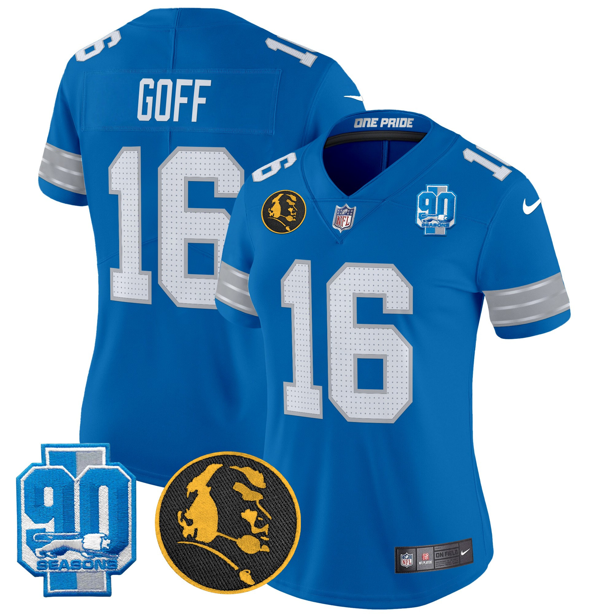 Women's Jared Goff Detroit Lions 2024 90th & John Madden Patch Vapor Limited Blue Jersey - All Stitched
