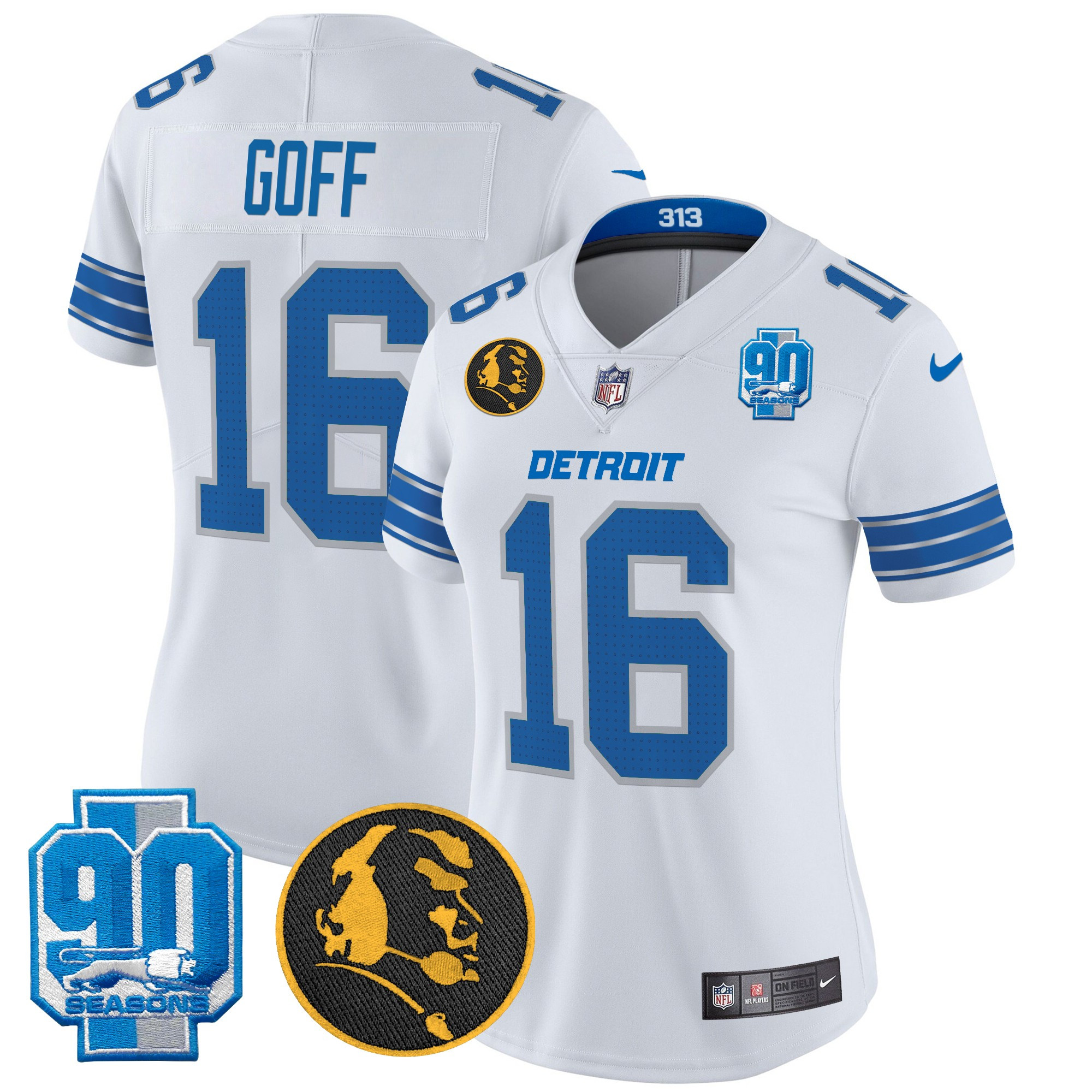 Women's Jared Goff Detroit Lions 2024 90th & John Madden Patch Vapor Limited White Jersey - All Stitched