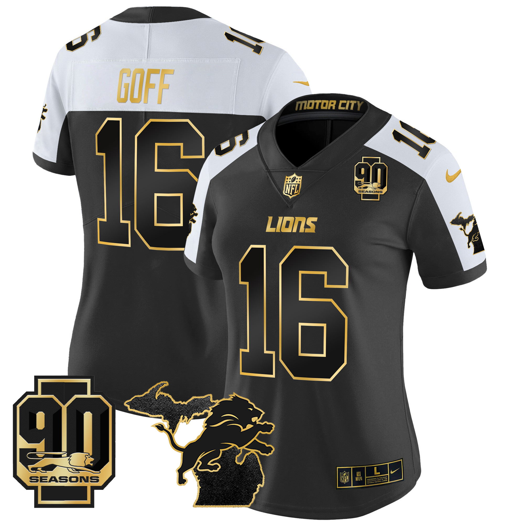 Women's Jared Goff Detroit Lions 2024 Michigan & 90th Year Patch Gold Vapor Limited Alternate Jersey - All Stitched