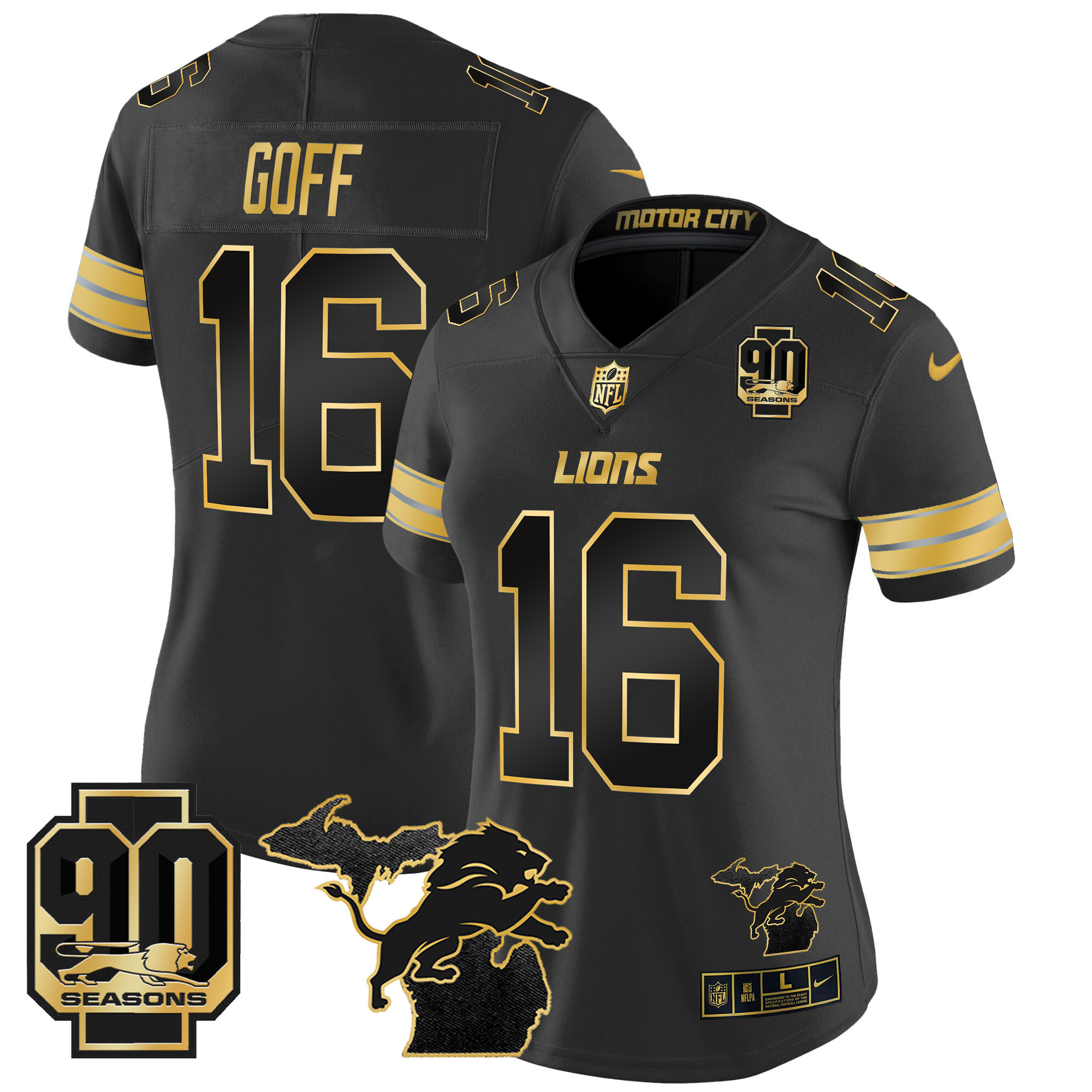 Women's Jared Goff Detroit Lions 2024 Michigan & 90th Year Patch Gold Vapor Limited Black Gold Jersey - All Stitched