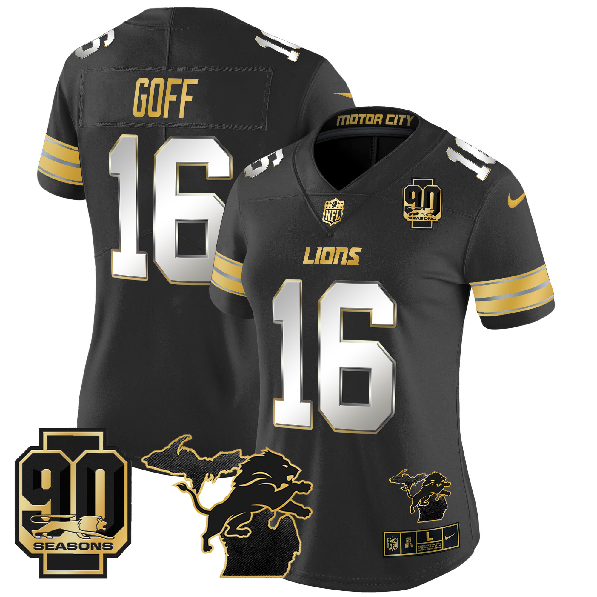 Women's Jared Goff Detroit Lions 2024 Michigan & 90th Year Patch Gold Vapor Limited Black Limited Jersey - All Stitched