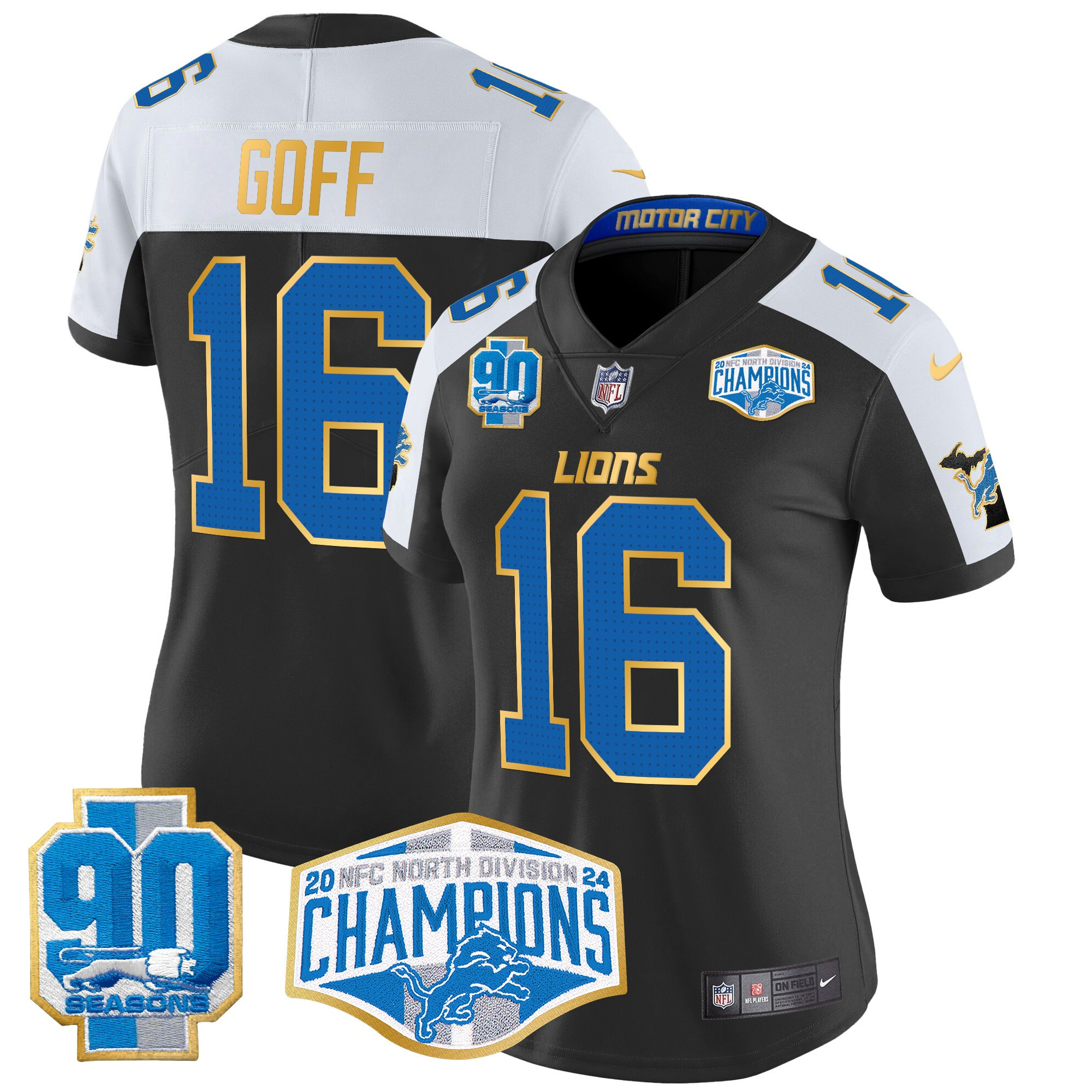 Women's Jared Goff Detroit Lions 2024 NFC North Division Champions Patch Gold Trim Vapor Limited Black Alternate Jersey - All Stitched