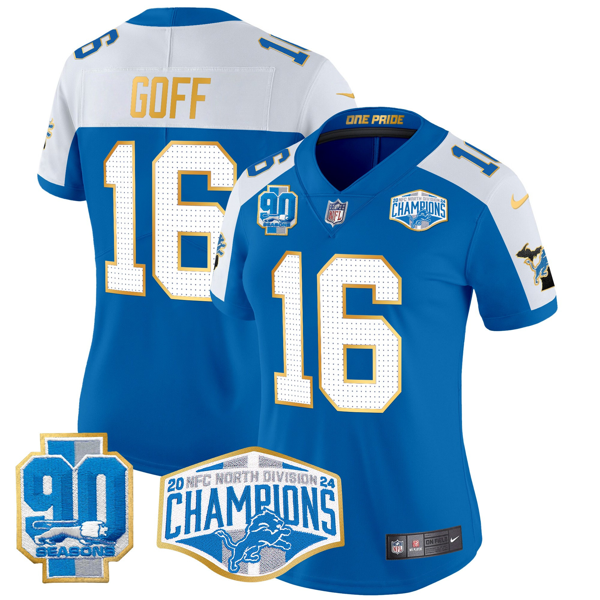 Women's Jared Goff Detroit Lions 2024 NFC North Division Champions Patch Gold Trim Vapor Limited Blue Alternate Jersey - All Stitched