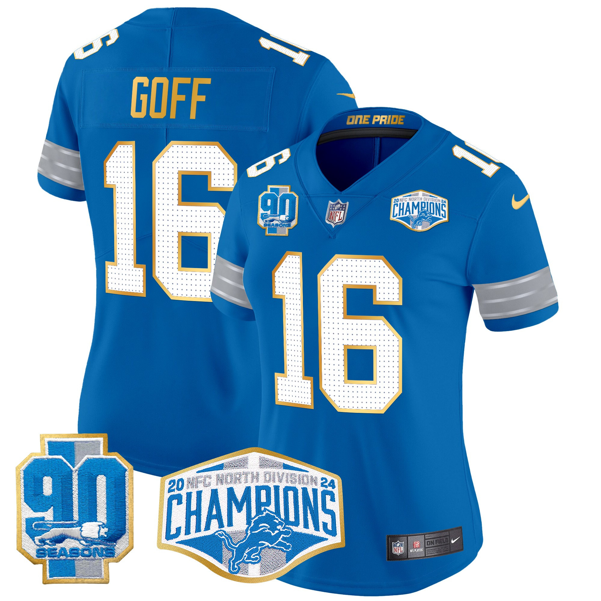 Women's Jared Goff Detroit Lions 2024 NFC North Division Champions Patch Gold Trim Vapor Limited Blue Jersey - All Stitched