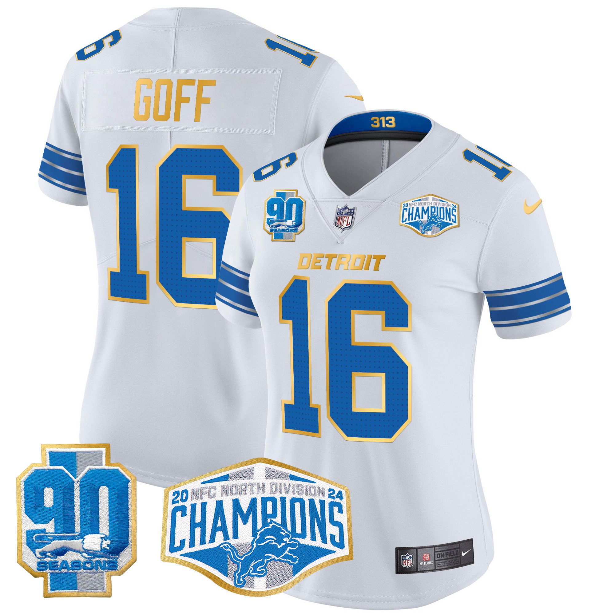 Women's Jared Goff Detroit Lions 2024 NFC North Division Champions Patch Gold Trim Vapor Limited White Jersey - All Stitched