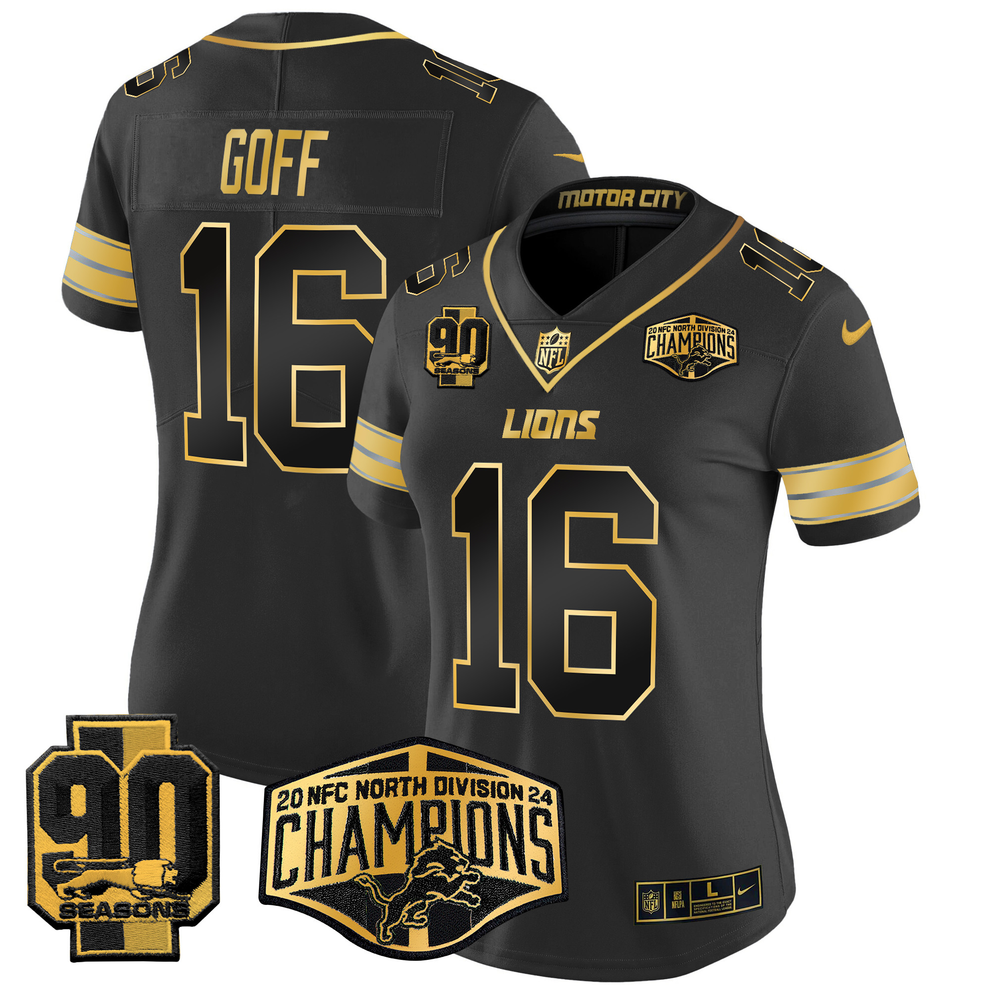 Women's Jared Goff Detroit Lions 2024 NFC North Division Champions Patch Gold Vapor Limited Black Gold Jersey - All Stitched
