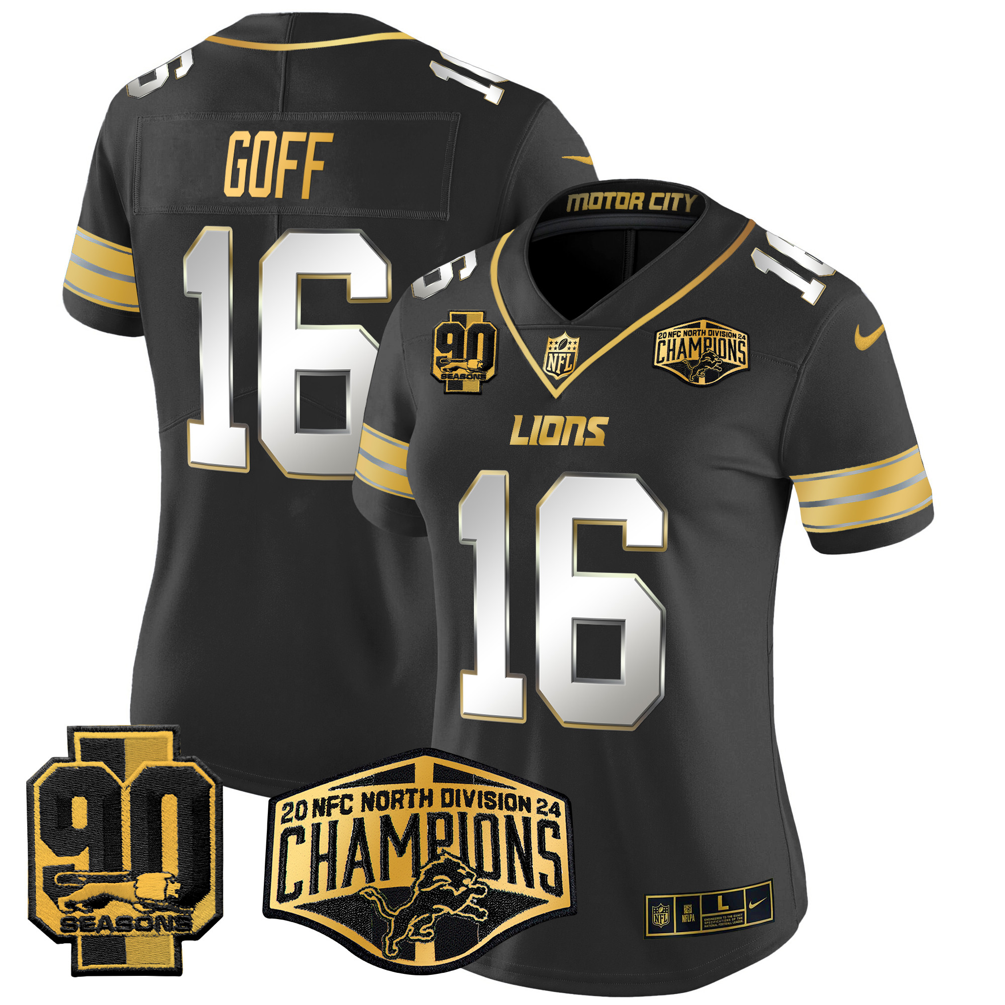 Women's Jared Goff Detroit Lions 2024 NFC North Division Champions Patch Gold Vapor Limited Black Limited Jersey - All Stitched
