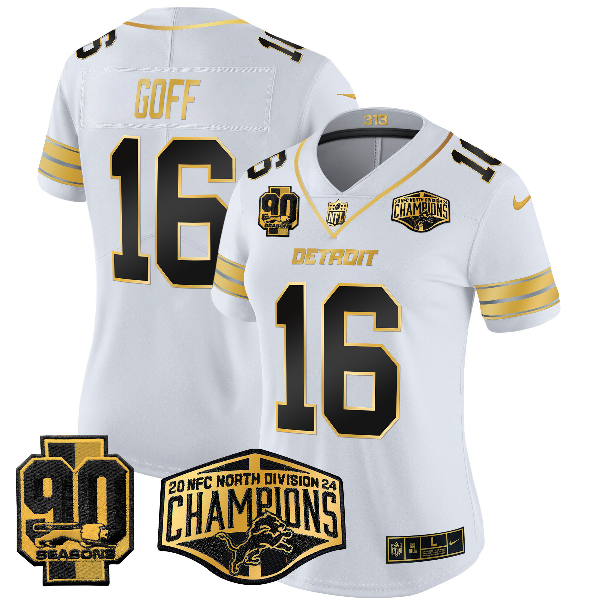 Women's Jared Goff Detroit Lions 2024 NFC North Division Champions Patch Gold Vapor Limited White Gold Jersey - All Stitched
